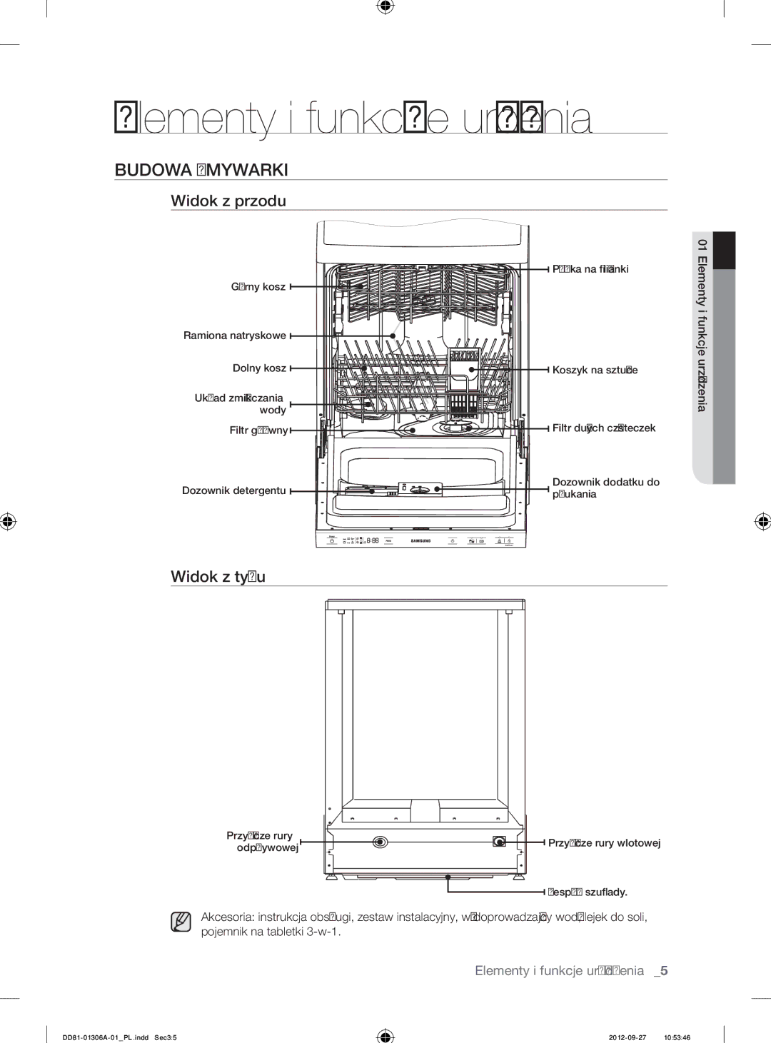 Samsung DMM770B/XEO manual Elementy i funkcje urządzenia, Budowa Zmywarki, Widok z przodu, Widok z tyłu 