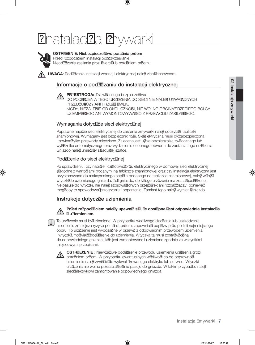 Samsung DMM770B/XEO manual Instalacja zmywarki, Informacje o podłączaniu do instalacji elektrycznej 