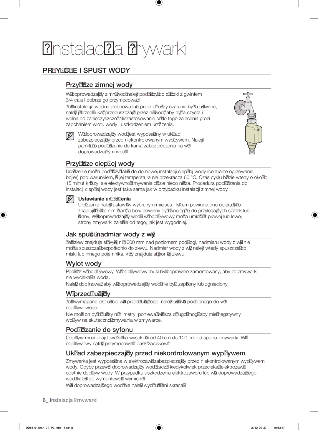 Samsung DMM770B/XEO manual Przyłącze I Spust Wody 