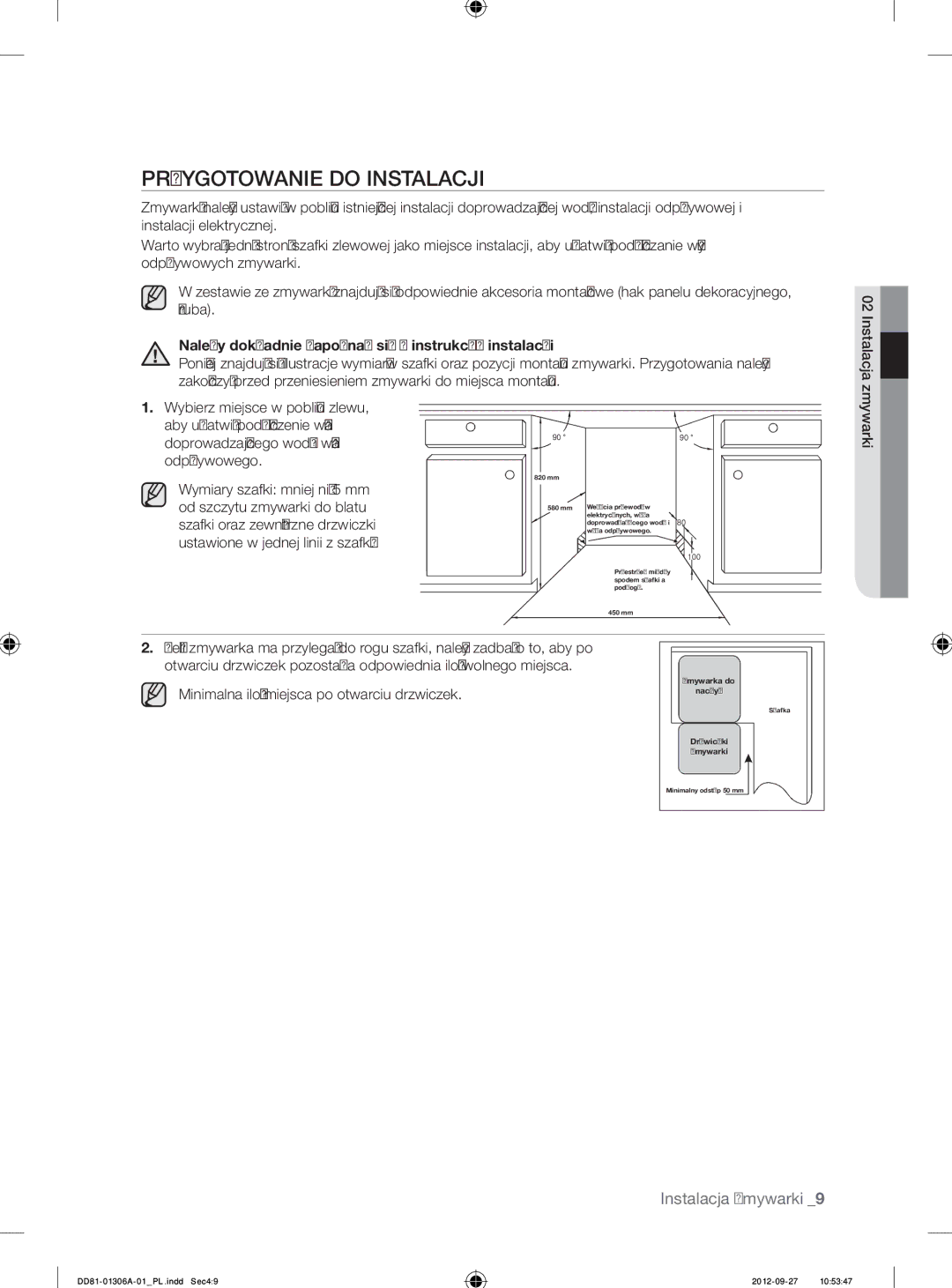 Samsung DMM770B/XEO manual Przygotowanie do Instalacji, Należy dokładnie zapoznać się z instrukcją instalacji, Zmywarki 