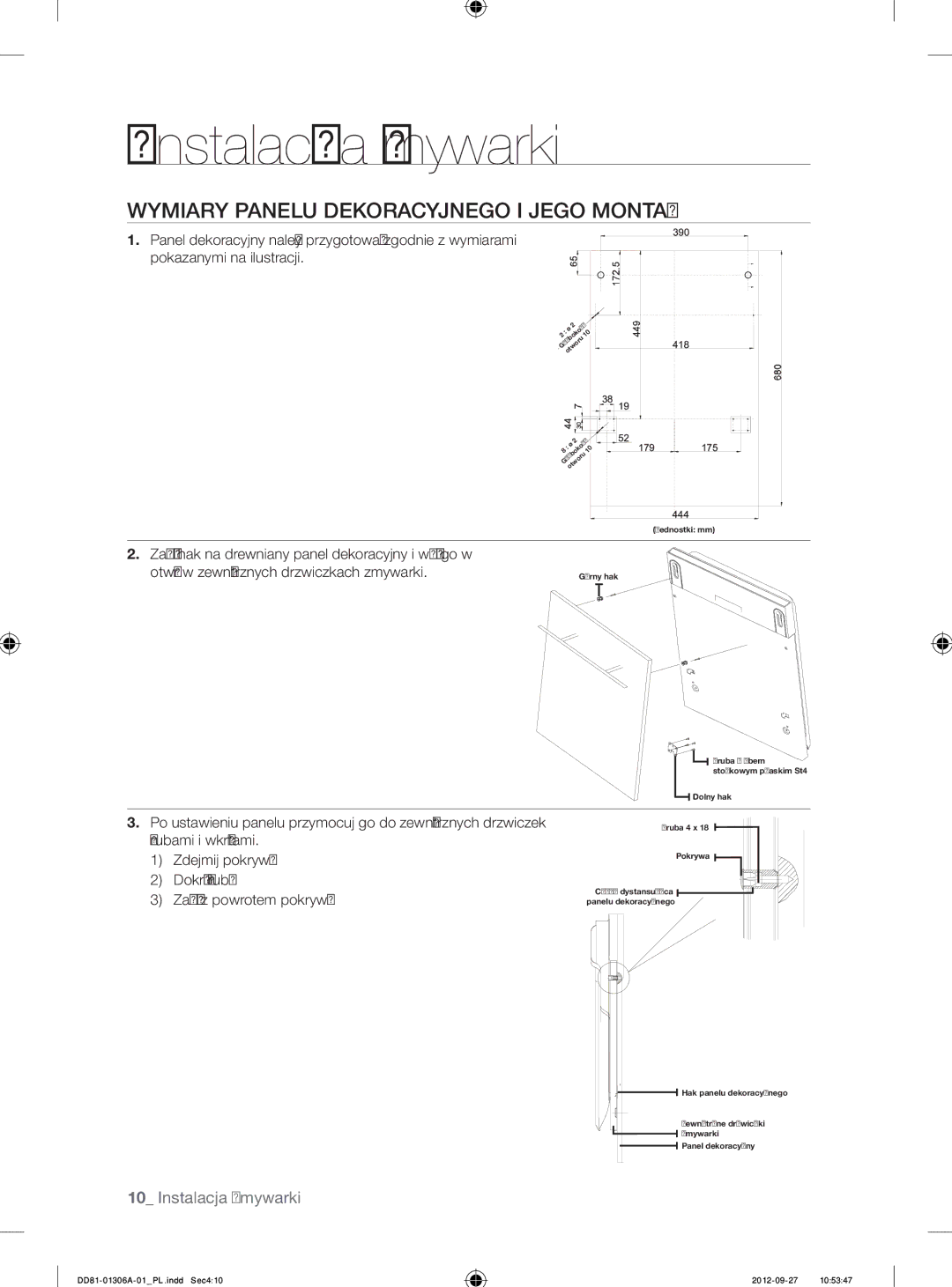 Samsung DMM770B/XEO manual Wymiary Panelu Dekoracyjnego I Jego Montaż 