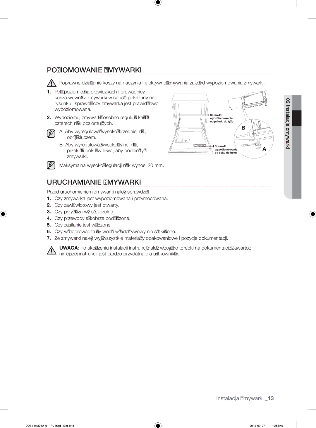 Samsung DMM770B/XEO manual Poziomowanie Zmywarki, Uruchamianie Zmywarki, Czterech nóżek poziomujących 