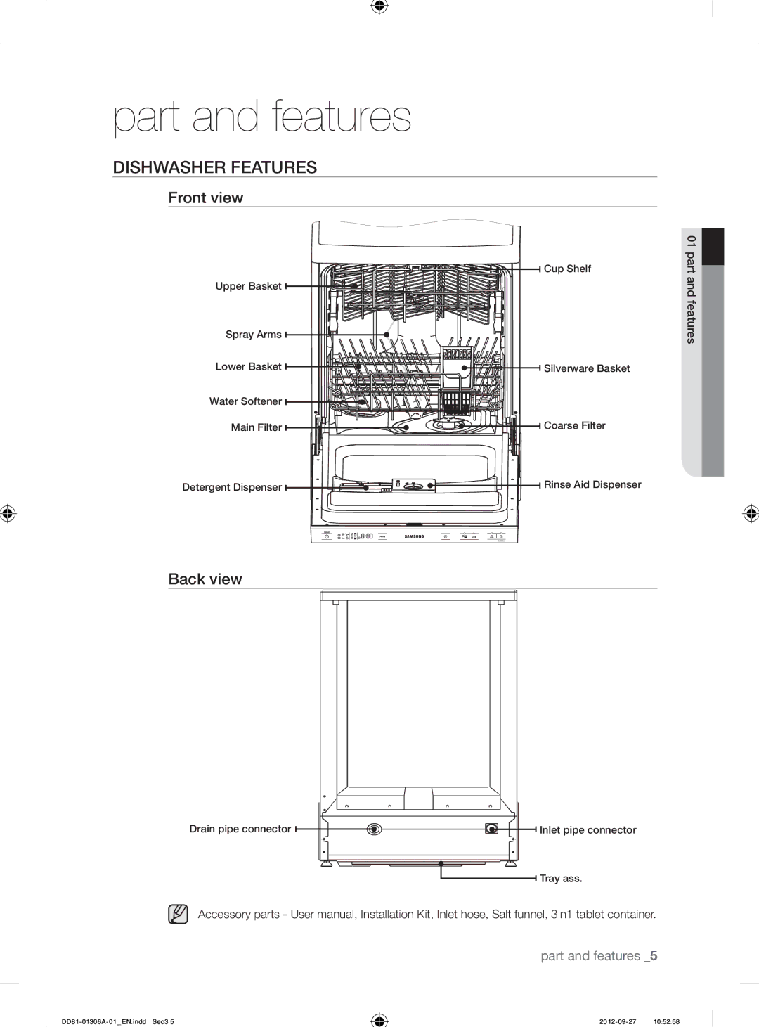 Samsung DMM770B/XEO manual Part and features, Dishwasher Features, Front view, Back view 