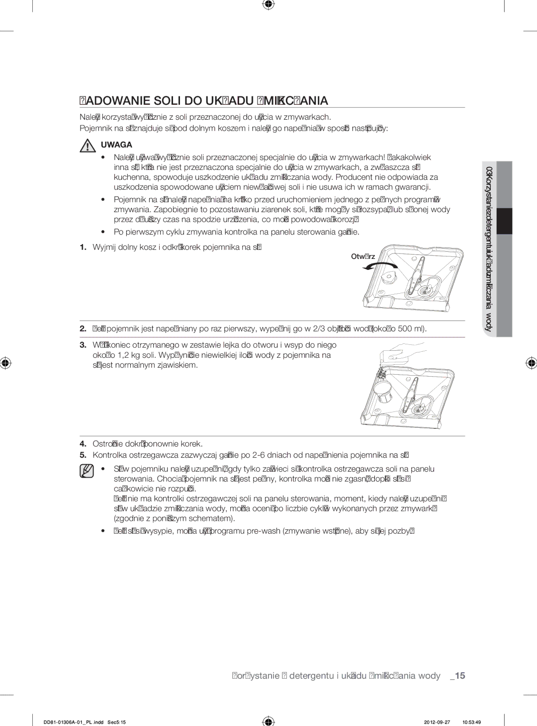 Samsung DMM770B/XEO manual Ładowanie Soli do Układu Zmiękczania, Uwaga 