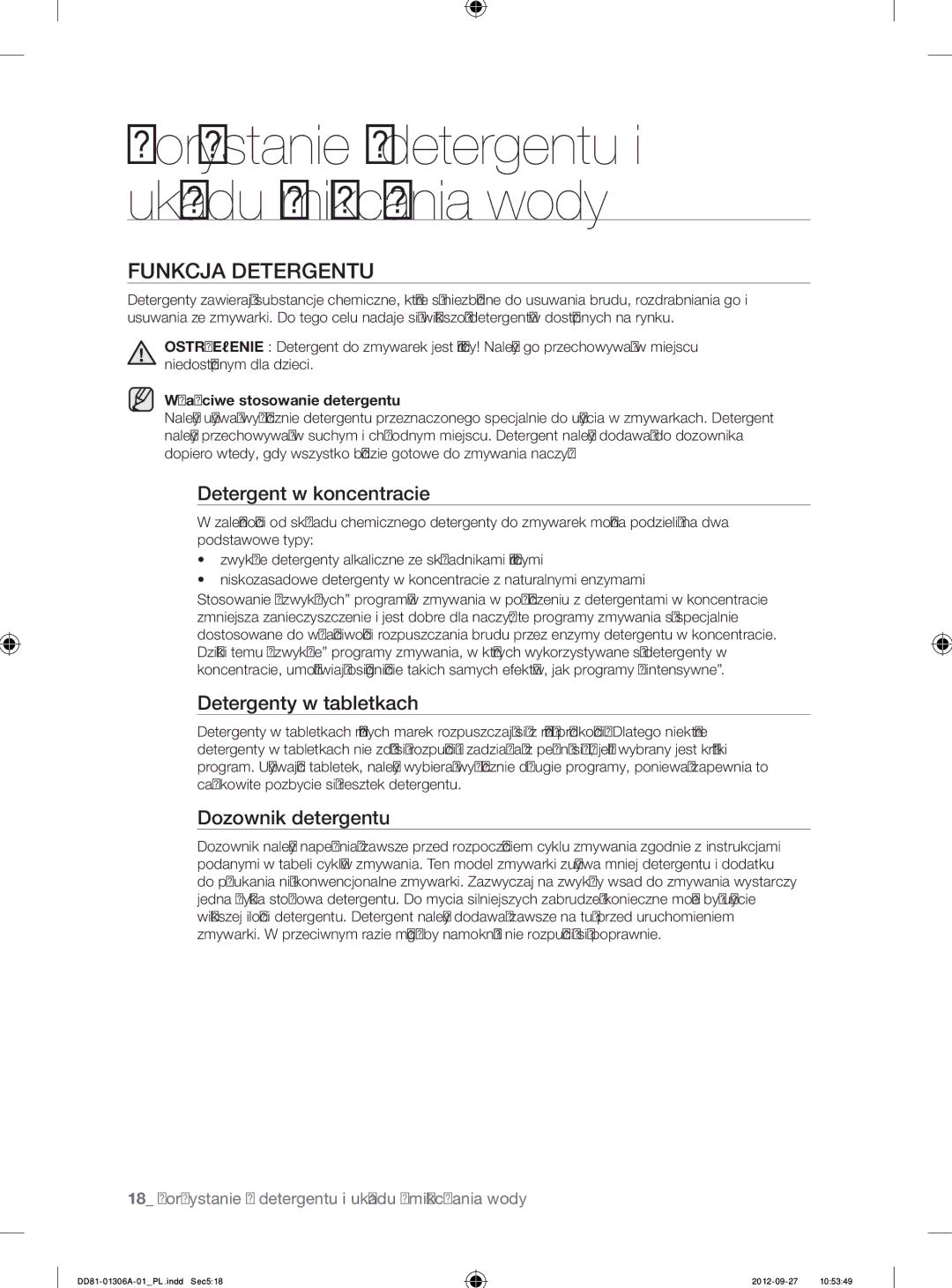 Samsung DMM770B/XEO manual Funkcja Detergentu, Detergent w koncentracie, Detergenty w tabletkach, Dozownik detergentu 