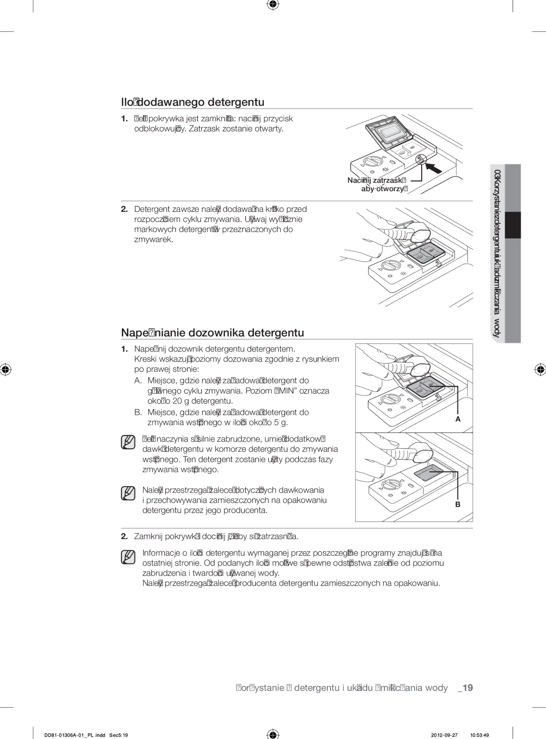 Samsung DMM770B/XEO manual Ilość dodawanego detergentu, Napełnianie dozownika detergentu 