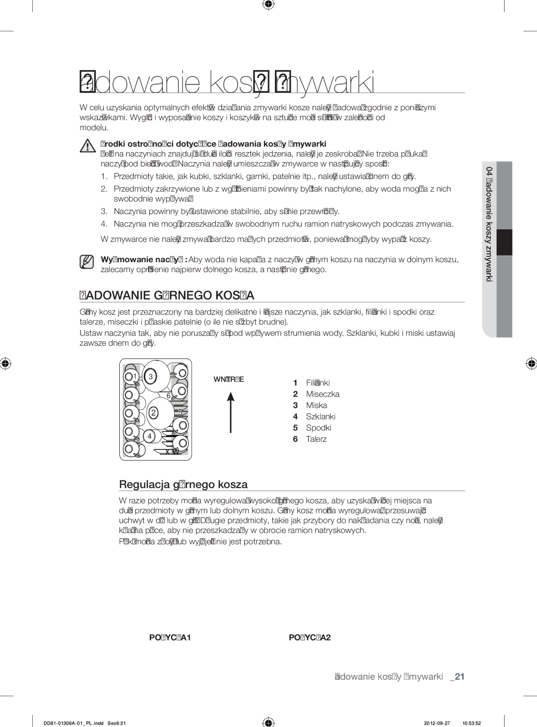 Samsung DMM770B/XEO manual Ładowanie koszy zmywarki, Ładowanie Górnego Kosza, Regulacja górnego kosza, POZYCJA1POZYCJA2 