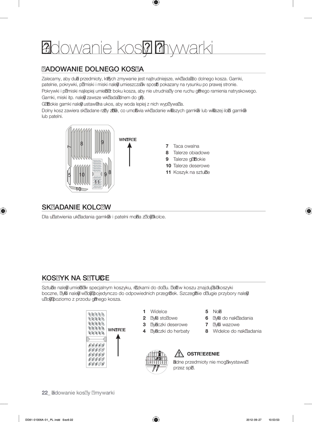 Samsung DMM770B/XEO manual Ładowanie Dolnego Kosza, Składanie Kolców, Koszyk NA Sztućce, Ostrzeżenie 