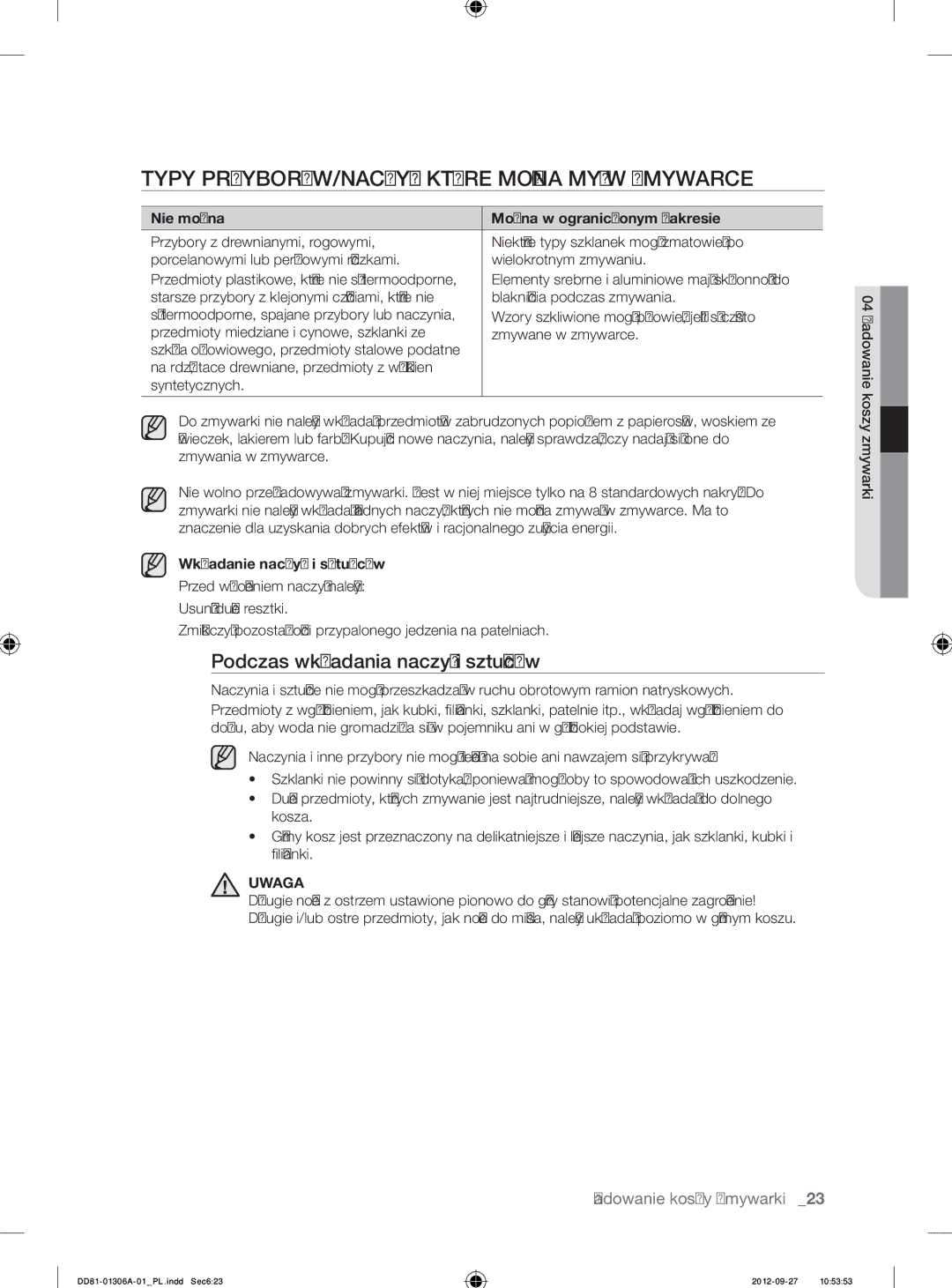 Samsung DMM770B/XEO manual Typy PRZYBORÓW/NACZYŃ, Które Można MYĆ W Zmywarce, Podczas wkładania naczyń i sztućców 