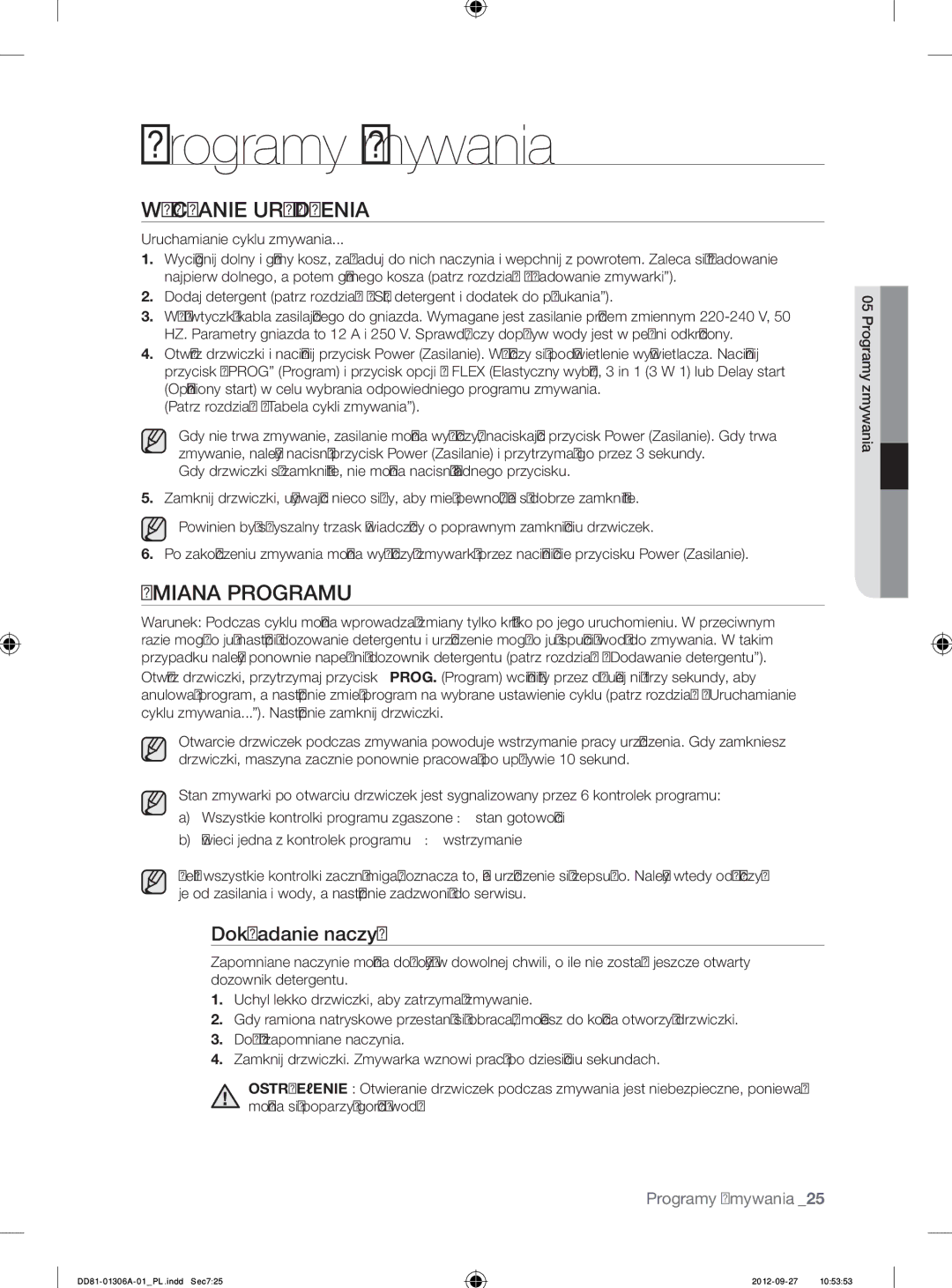 Samsung DMM770B/XEO manual Programy zmywania, Włączanie Urządzenia, Zmiana Programu, Dokładanie naczyń 