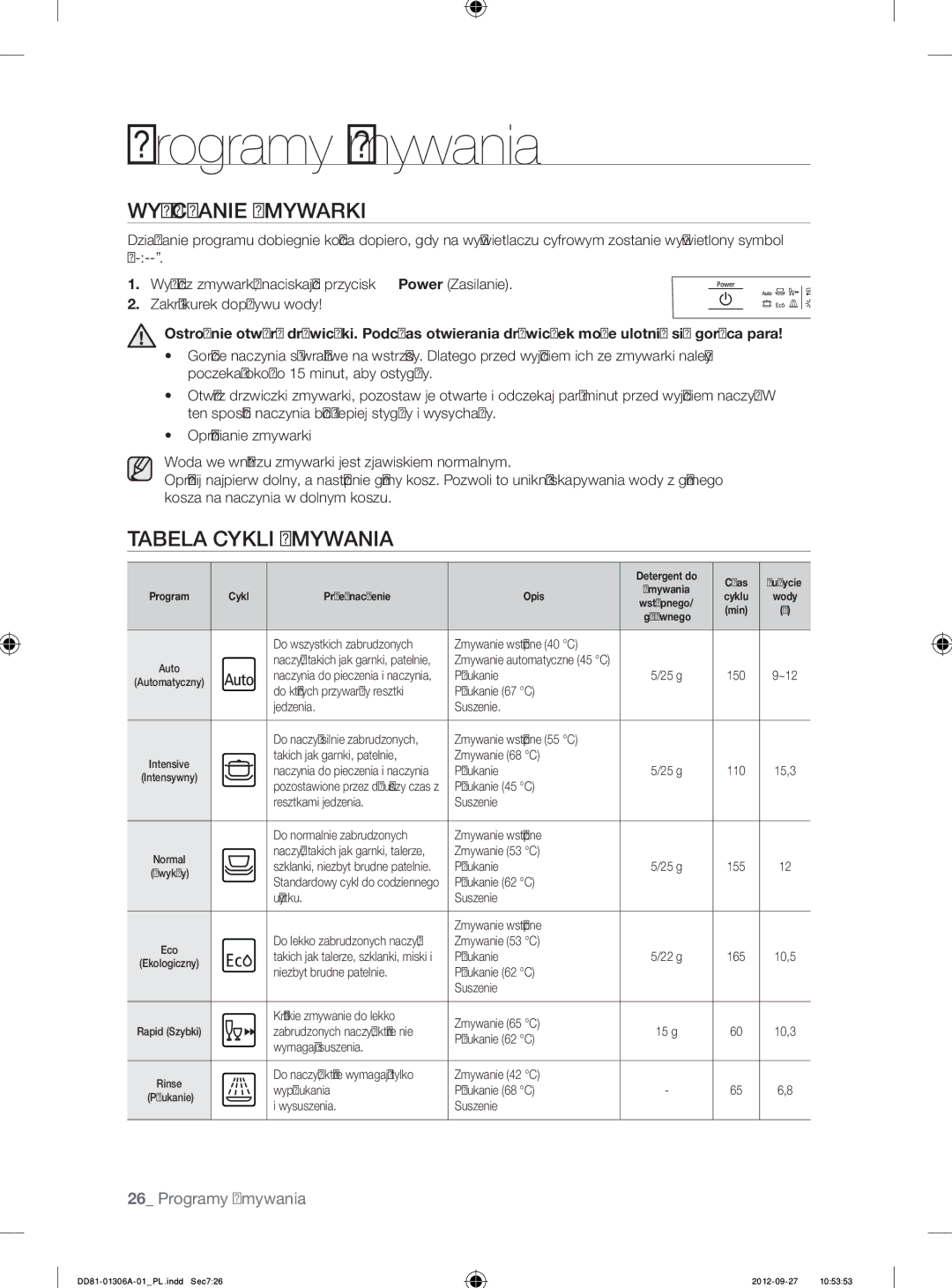 Samsung DMM770B/XEO manual Wyłączanie Zmywarki, Tabela Cykli Zmywania 