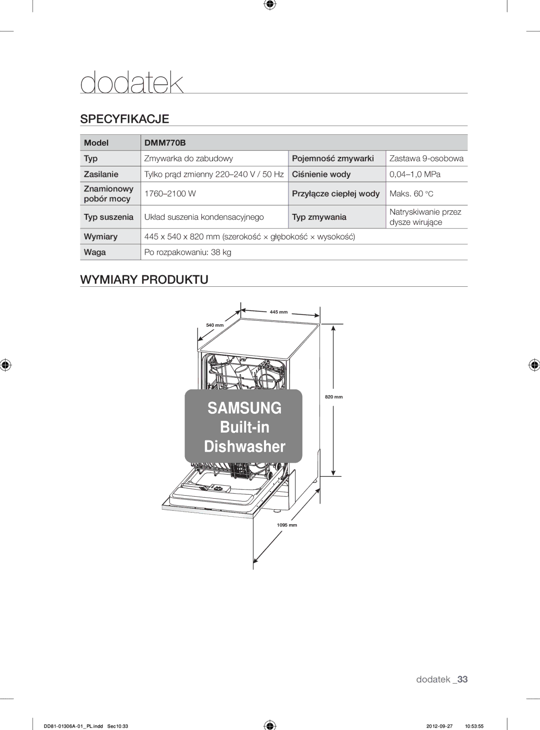 Samsung DMM770B/XEO manual Dodatek, Specyfikacje, Wymiary Produktu 