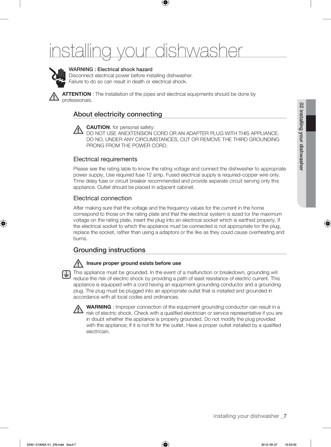 Samsung DMM770B/XEO manual Installing your dishwasher, About electricity connecting, Grounding instructions 