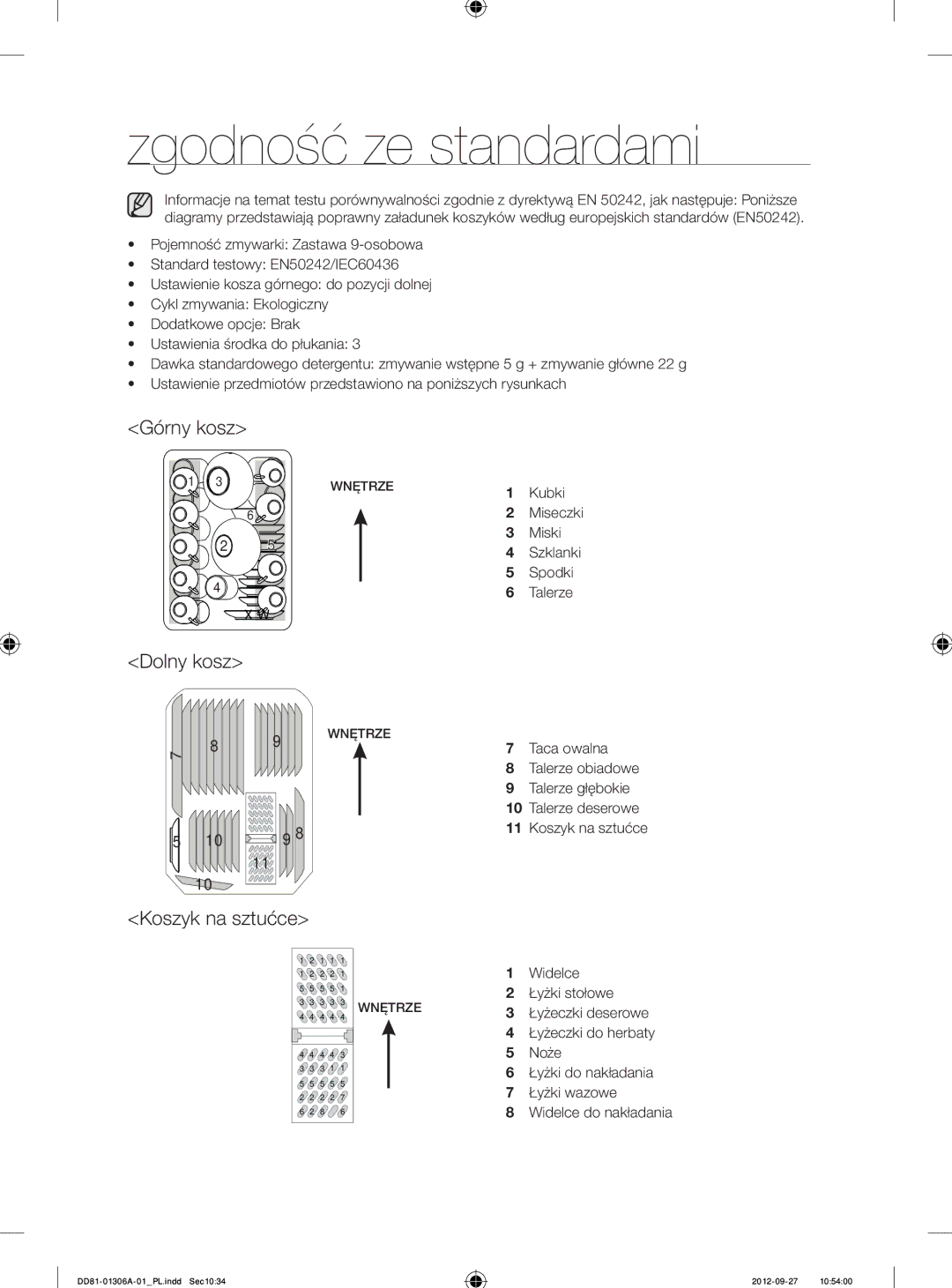 Samsung DMM770B/XEO manual Zgodność ze standardami, Górny kosz, Dolny kosz, Koszyk na sztućce 