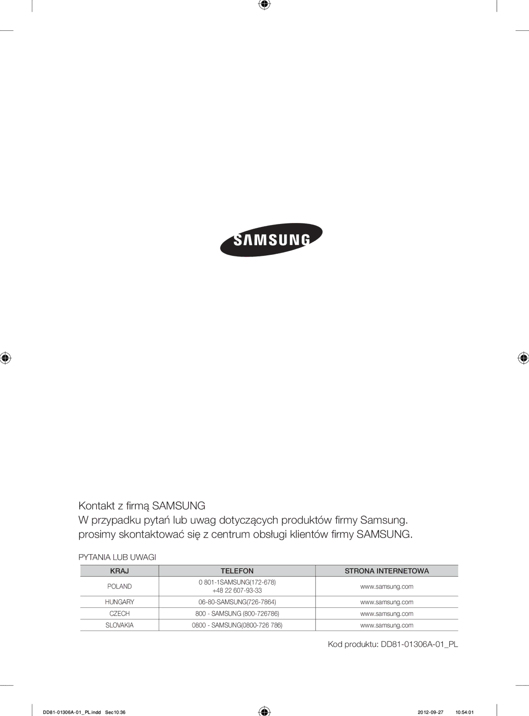 Samsung DMM770B/XEO manual Kontakt z ﬁ rmą Samsung, Kod produktu DD81-01306A-01PL 