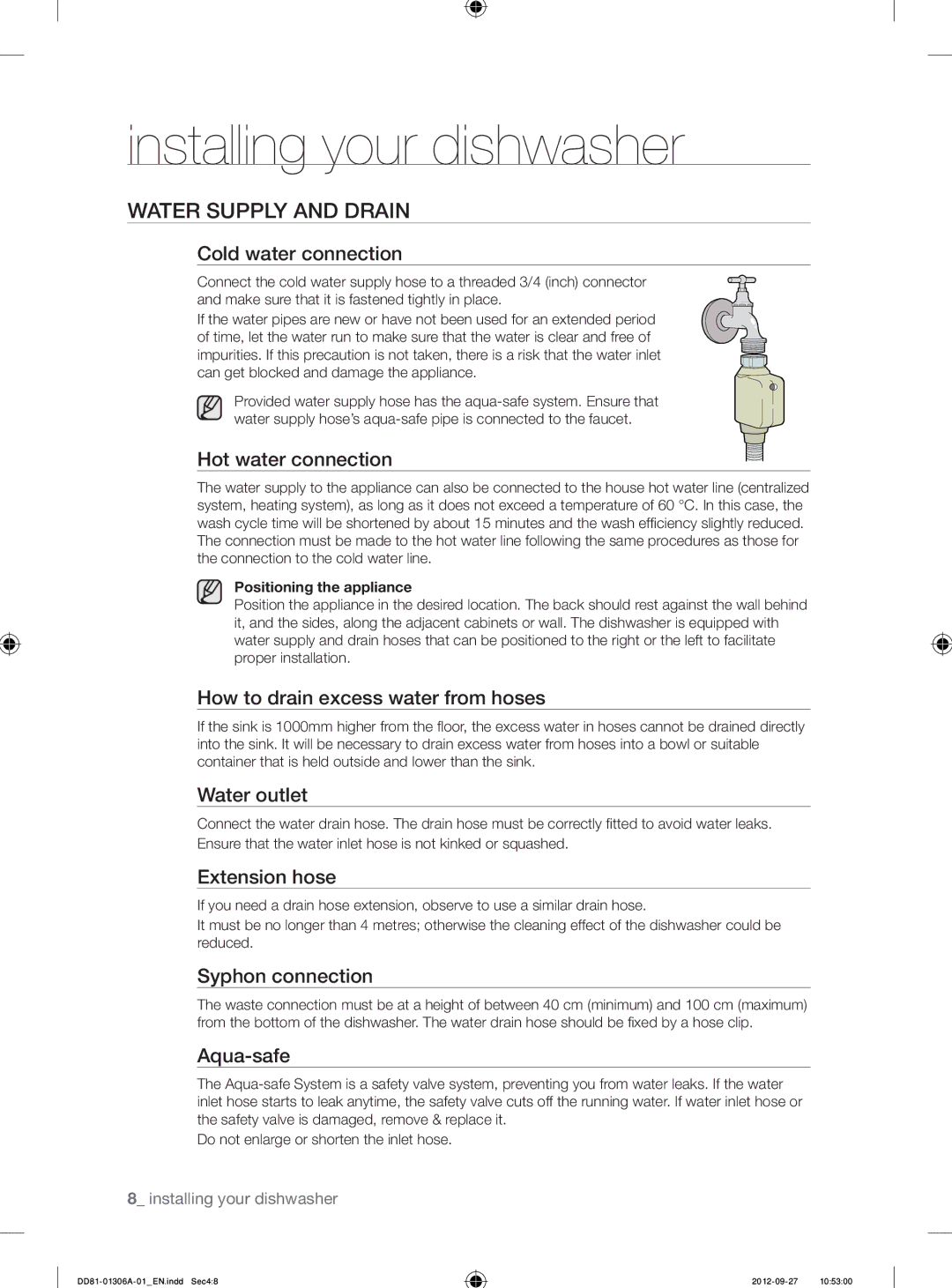 Samsung DMM770B/XEO manual Water Supply and Drain 