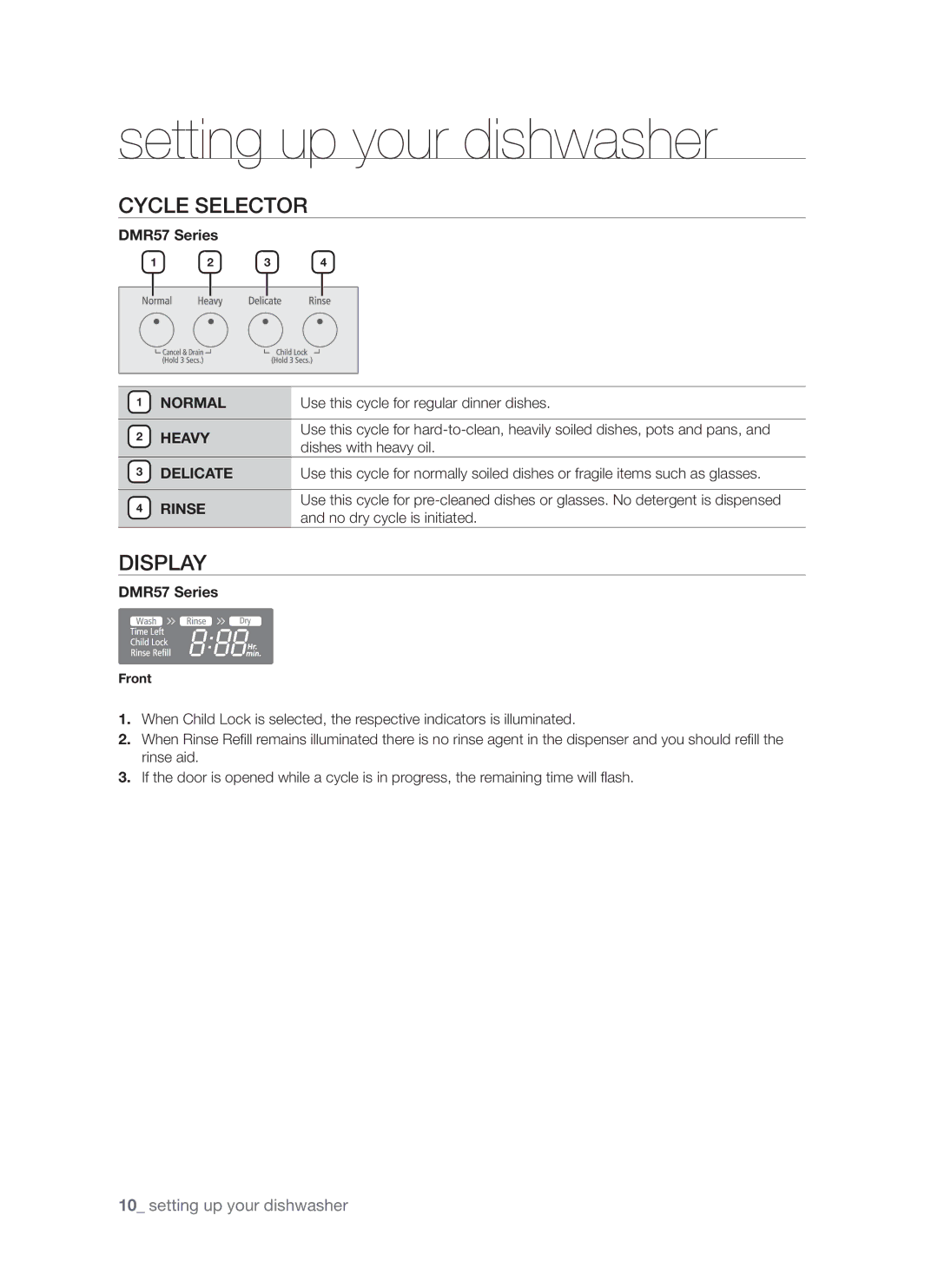 Samsung DMR57LHW, DMR57LHS, DMR57LHB user manual Cycle selector, Display 