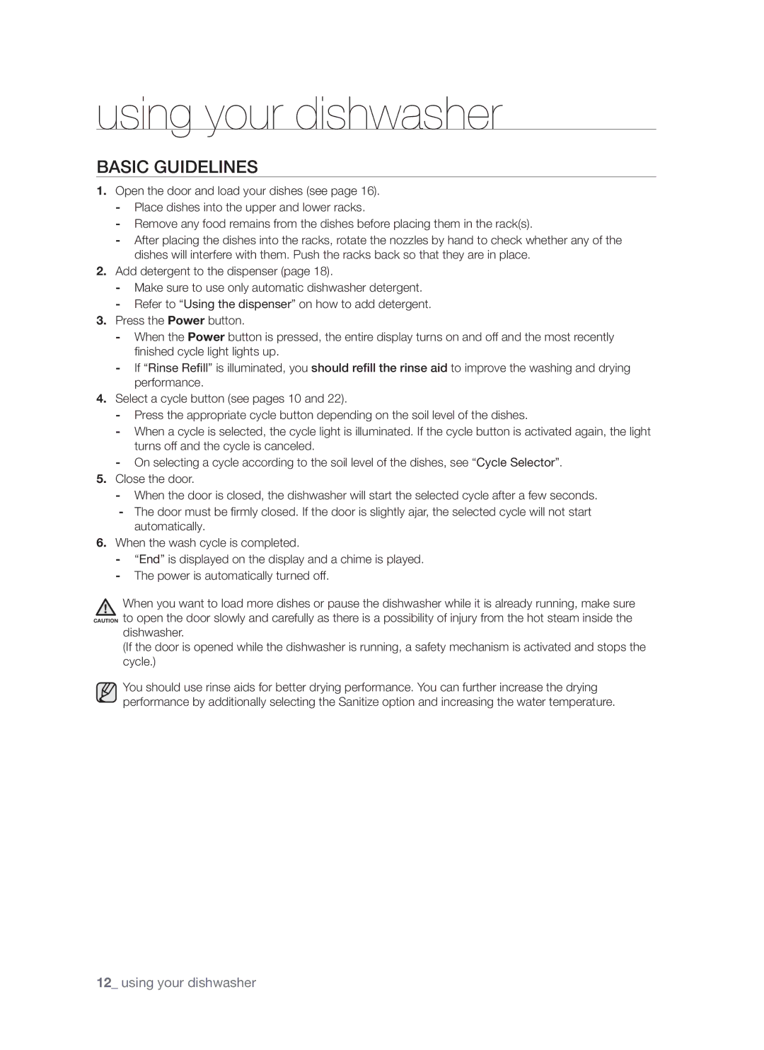 Samsung DMR57LHS, DMR57LHW, DMR57LHB user manual Using your dishwasher, Basic guidelines 