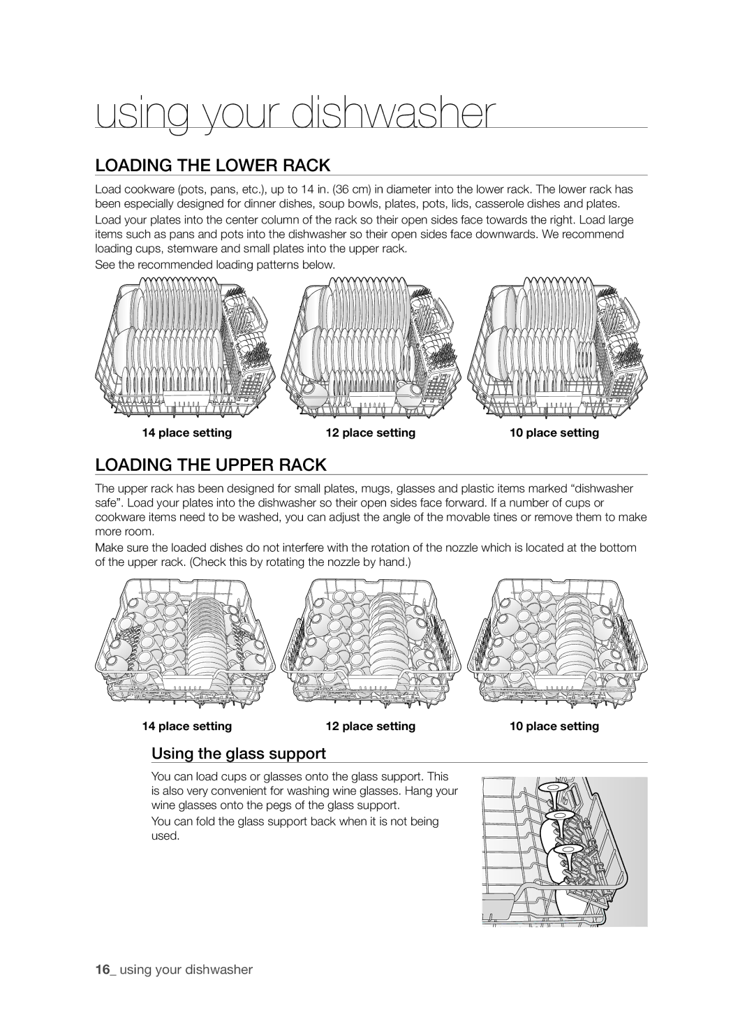 Samsung DMR57LHW, DMR57LHS, DMR57LHB user manual Loading the lower rack, Loading the upper rack, Using the glass support 