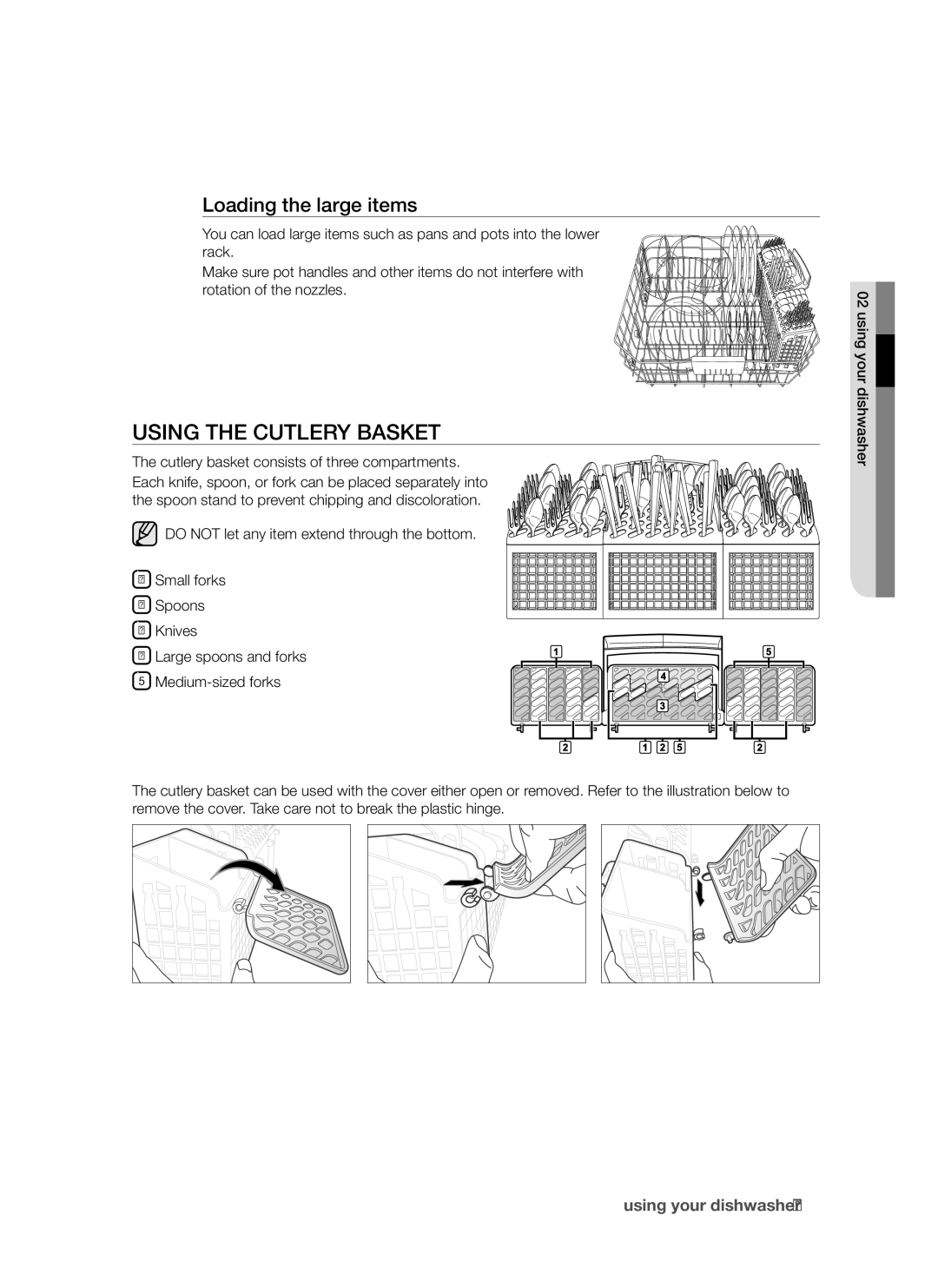 Samsung DMR57LHB, DMR57LHS, DMR57LHW user manual Using the cutlery basket, Loading the large items 