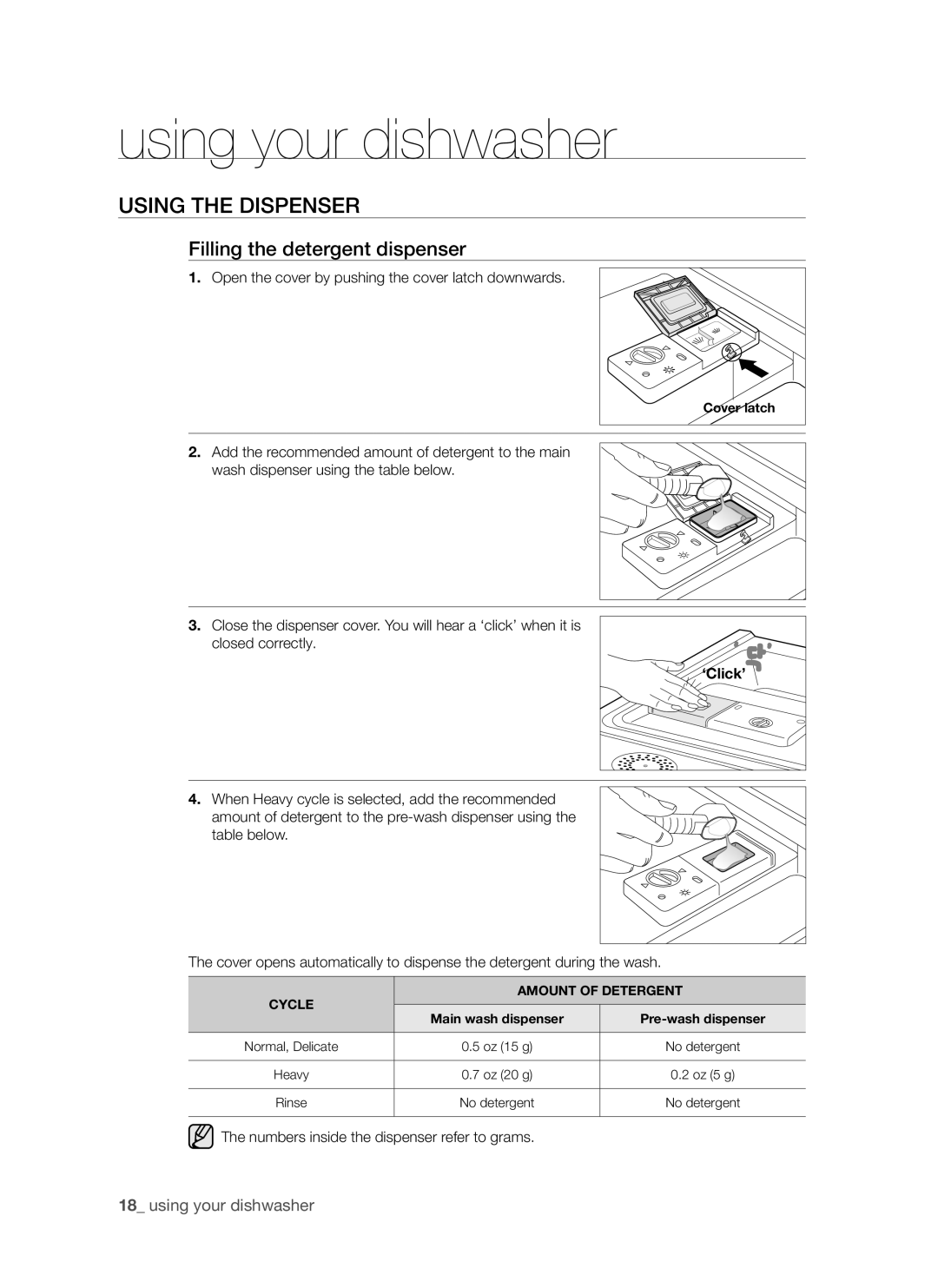 Samsung DMR57LHS, DMR57LHW, DMR57LHB user manual Using the dispenser, Filling the detergent dispenser 