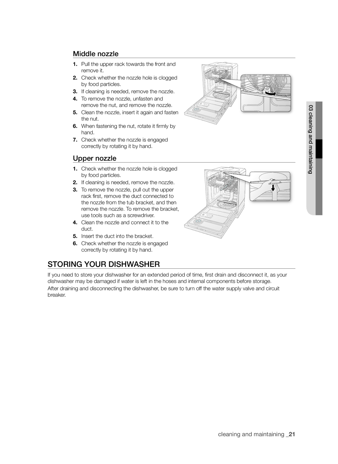 Samsung DMR57LHS, DMR57LHW, DMR57LHB user manual Storing your dishwasher, Middle nozzle, Upper nozzle 