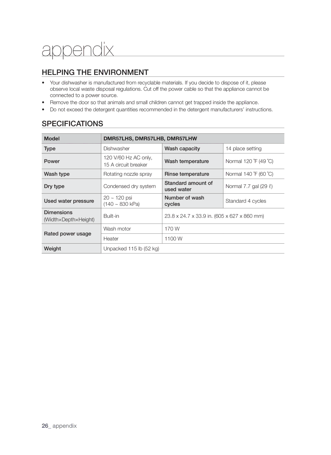 Samsung user manual Appendix, Helping the environment, Specifications, DMR57LHS, DMR57LHB, DMR57LHW 