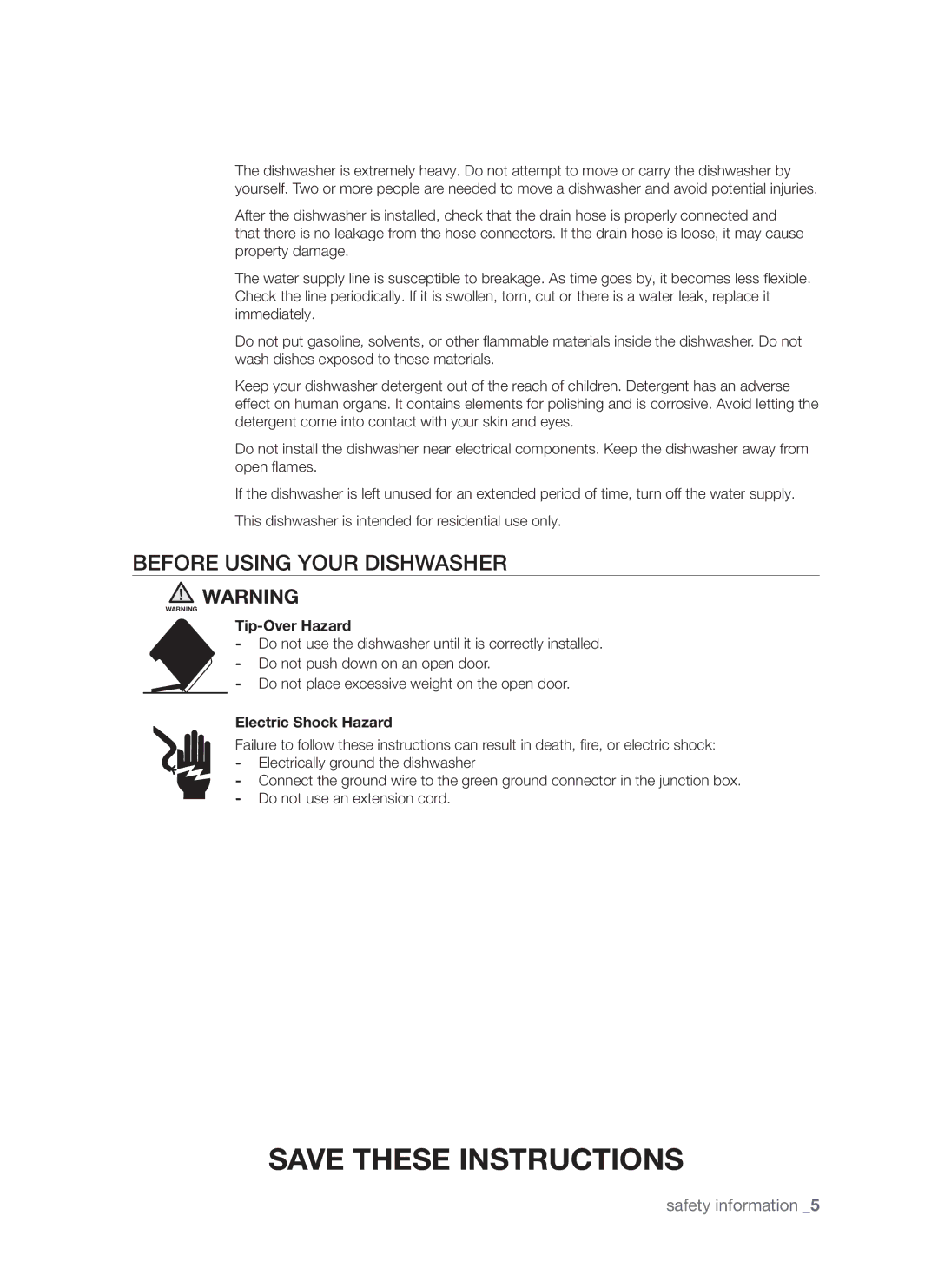 Samsung DMR57LHB, DMR57LHS, DMR57LHW user manual Before using your dishwasher, Tip-Over Hazard 