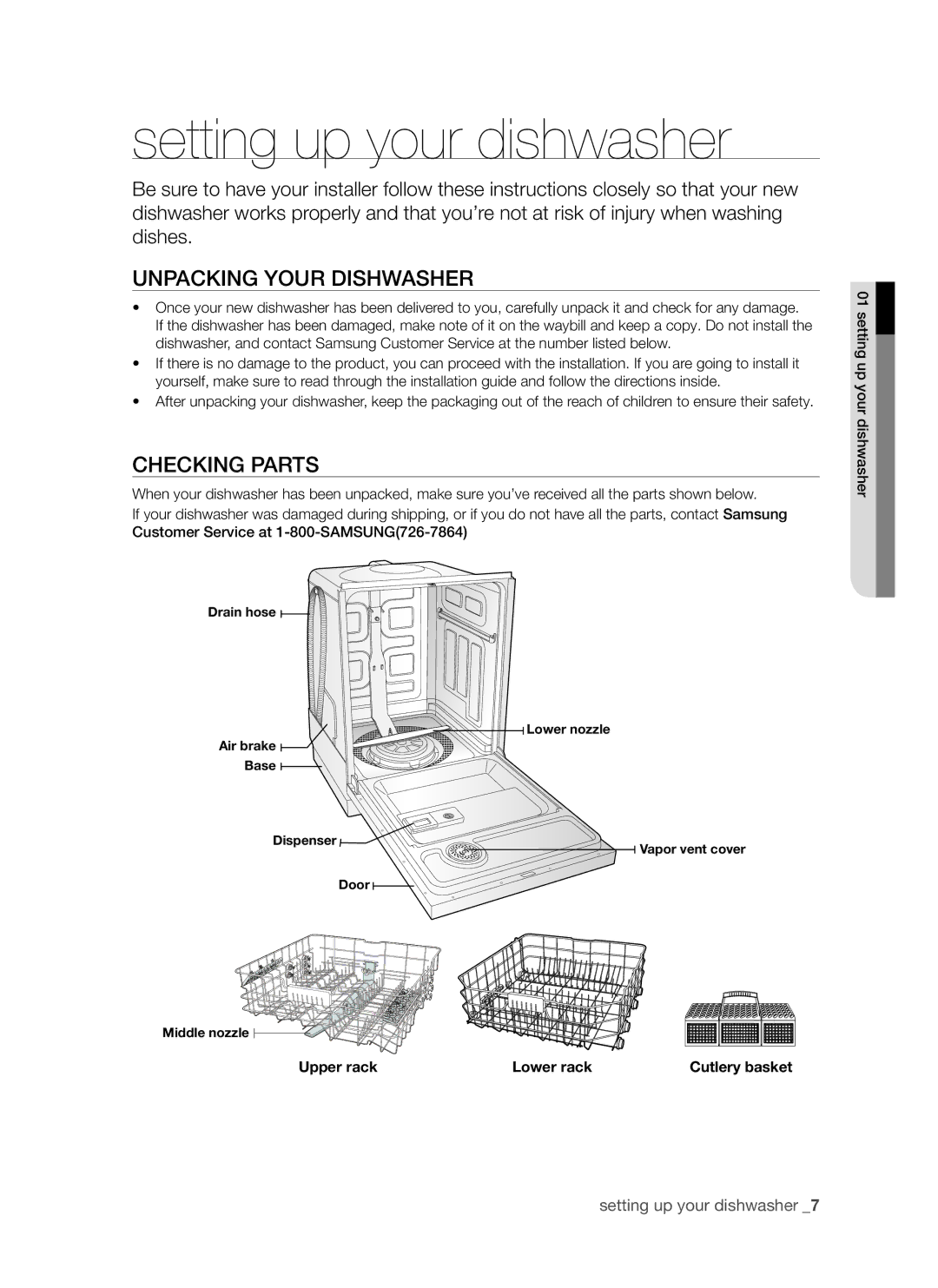 Samsung DMR57LHW, DMR57LHS, DMR57LHB user manual Setting up your dishwasher, Unpacking your dishwasher, Checking parts 