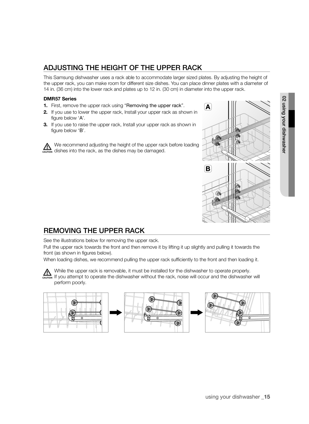 Samsung DMR57LHS Adjusting the height of the upper rack, Removing the upper rack, using your dishwasher, DMR57 Series 