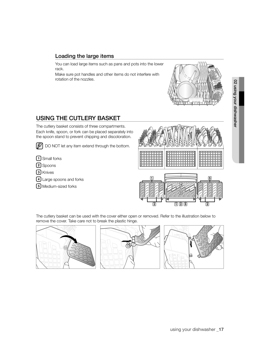 Samsung DMR57LHB, DMR57LHS, DMR57LHW user manual Using the cutlery basket, Loading the large items, using your dishwasher 