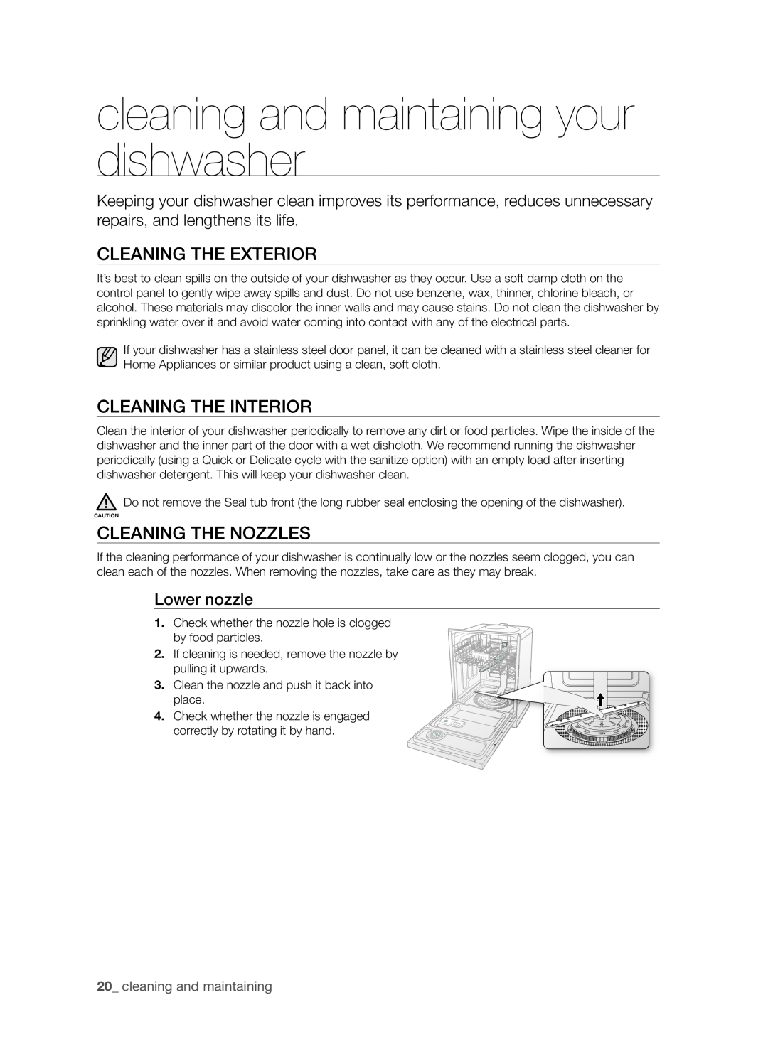 Samsung DMR57LHB cleaning and maintaining your dishwasher, Cleaning the exterior, Cleaning the interior, Lower nozzle 