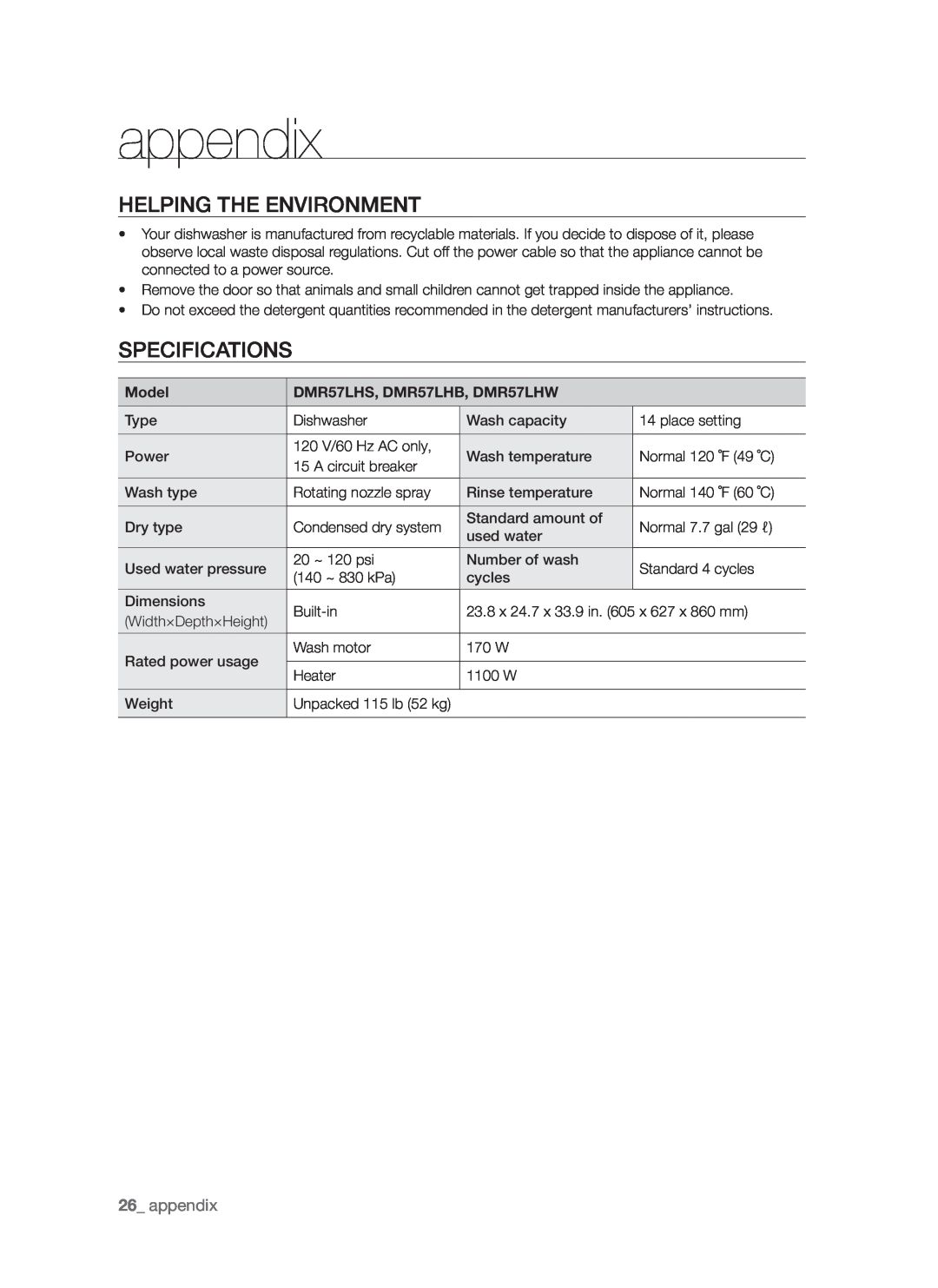Samsung user manual appendix, Helping the environment, Specifications, Model, DMR57LHS, DMR57LHB, DMR57LHW 