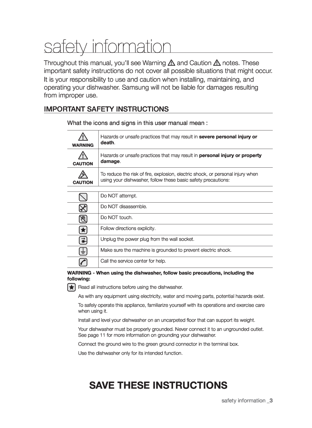 Samsung DMR57LHS, DMR57LHW, DMR57LHB user manual safety information, Save these instructions, Important safety instructions 