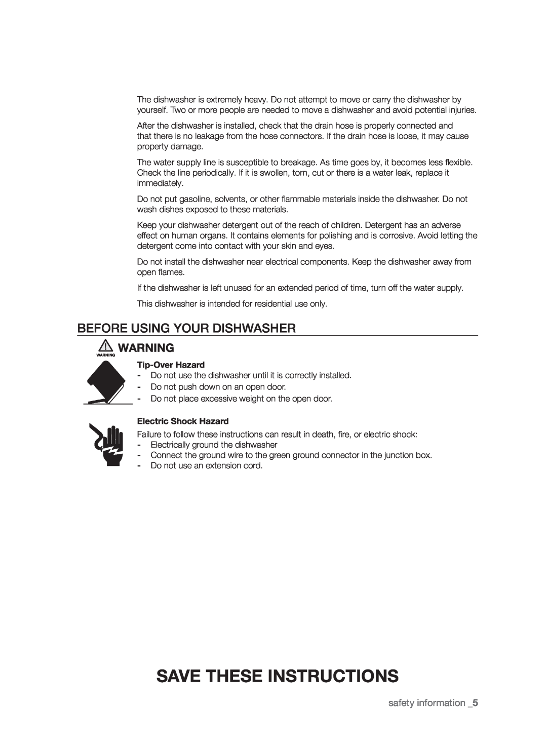 Samsung DMR57LHB, DMR57LHS Before using your dishwasher, safety information , Tip-Over Hazard, Electric Shock Hazard 