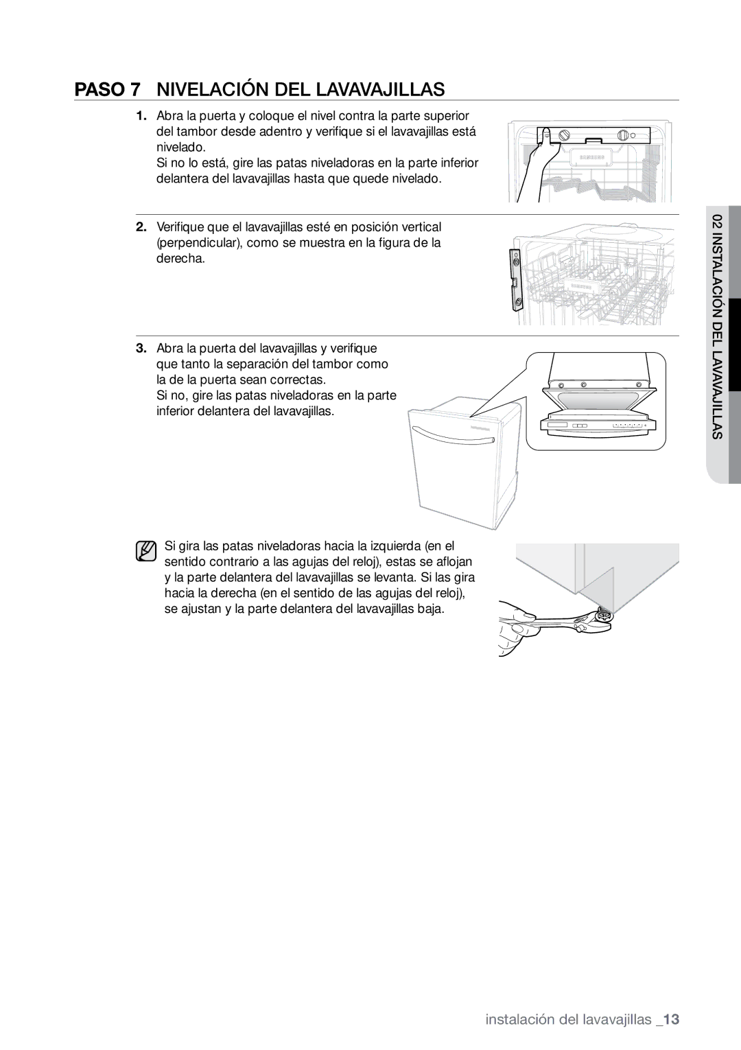 Samsung DMR57, DMR78, DMR77 manual Paso 7 Nivelación del lavavajillas 