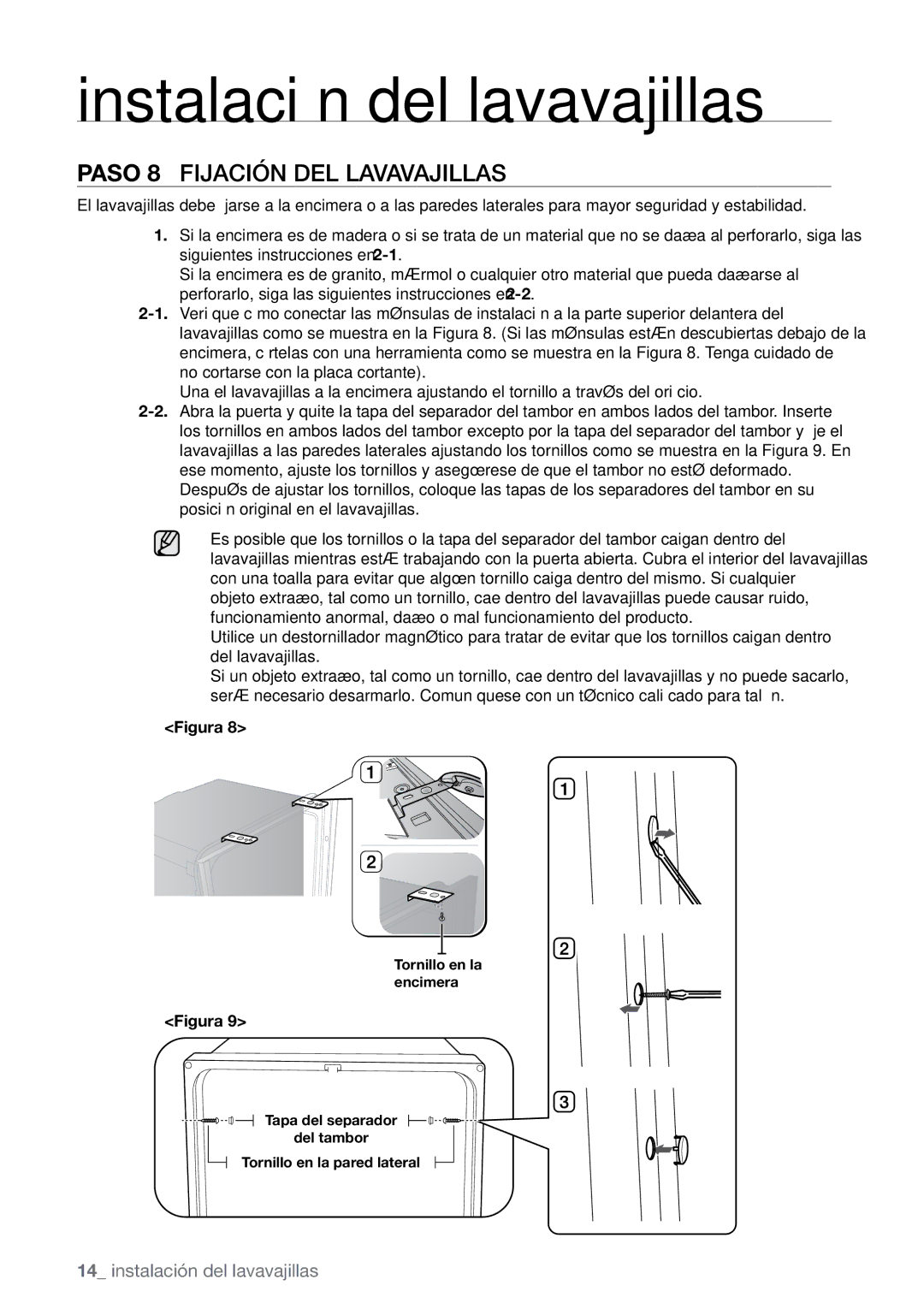 Samsung DMR77, DMR78, DMR57 manual Paso 8 Fijación del lavavajillas 