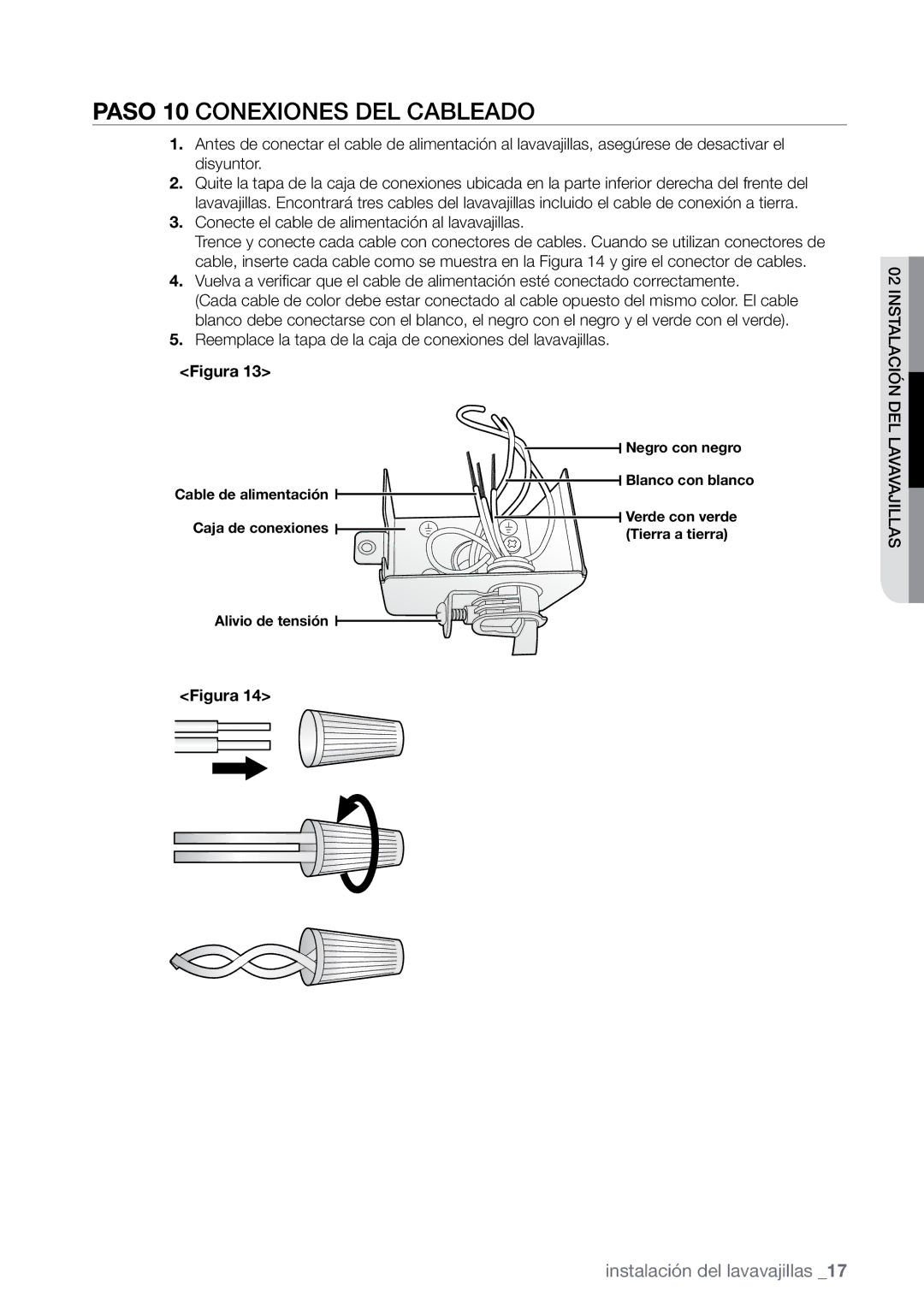 Samsung DMR77, DMR78, DMR57 manual Paso 10 Conexiones del cableado, Conecte el cable de alimentación al lavavajillas 