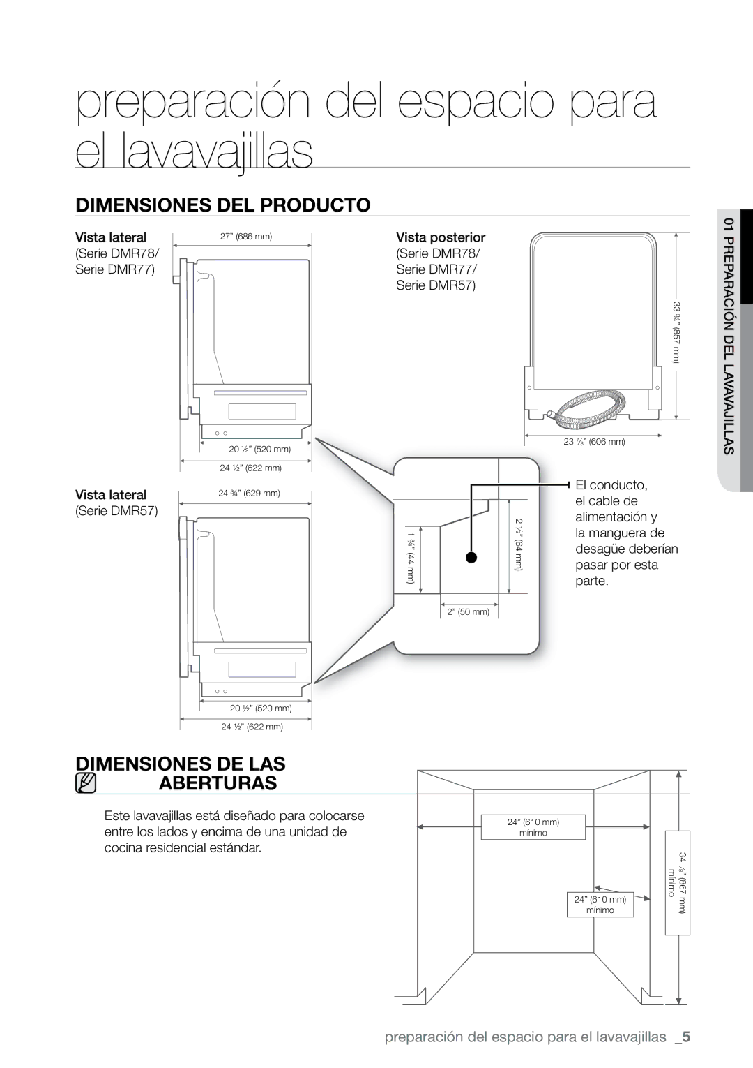 Samsung DMR77, DMR78, DMR57 manual Preparación del espacio para el lavavajillas, Dimensiones del producto 