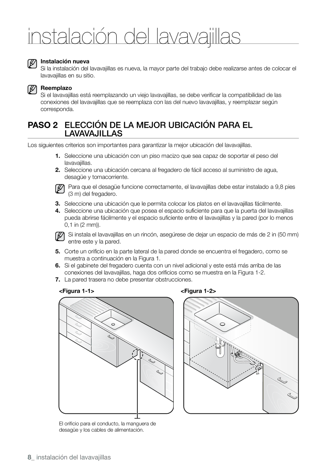 Samsung DMR77, DMR78, DMR57 manual Paso 2 Elección de la mejor ubicación para el lavavajillas, Instalación nueva 