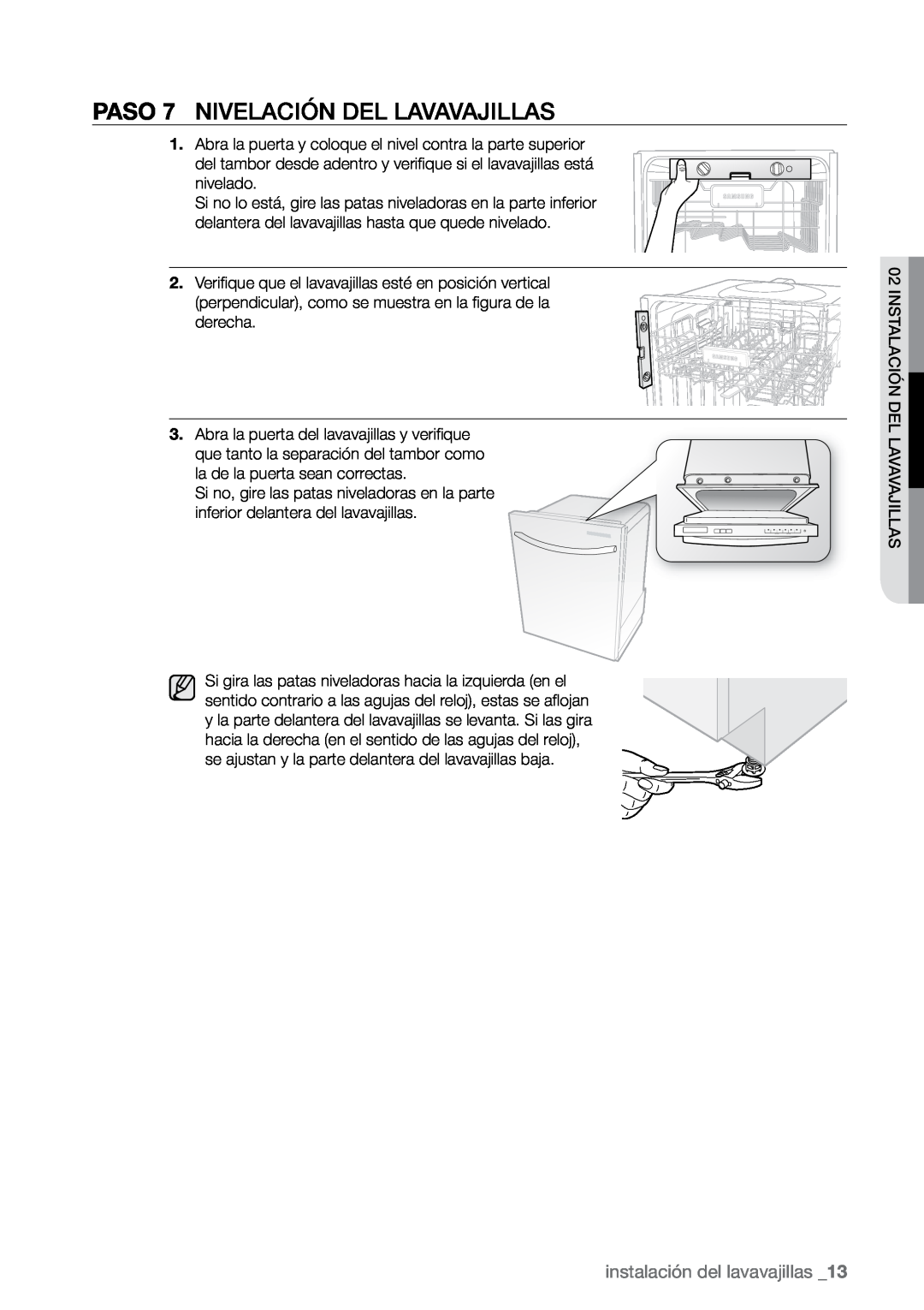 Samsung DMR57, DMR78, DMR77 manual PASO 7 Nivelación del lavavajillas, instalación del lavavajillas 