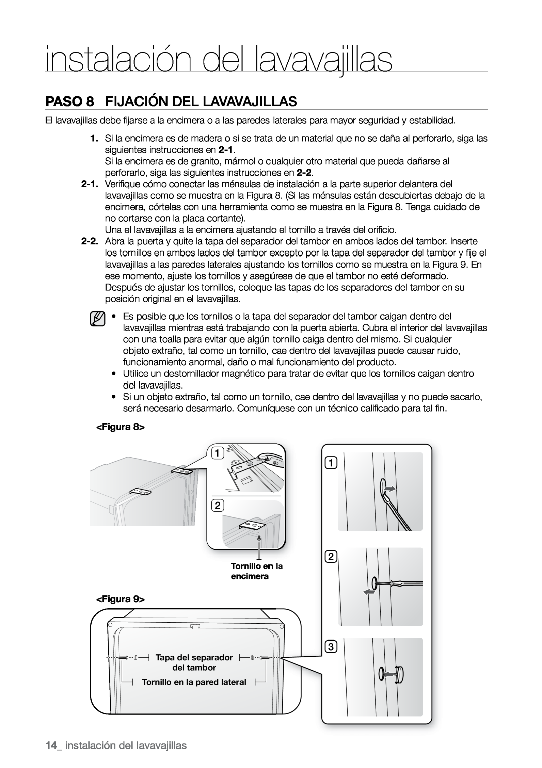 Samsung DMR77, DMR78, DMR57 manual PASO 8 Fijación del lavavajillas, instalación del lavavajillas 