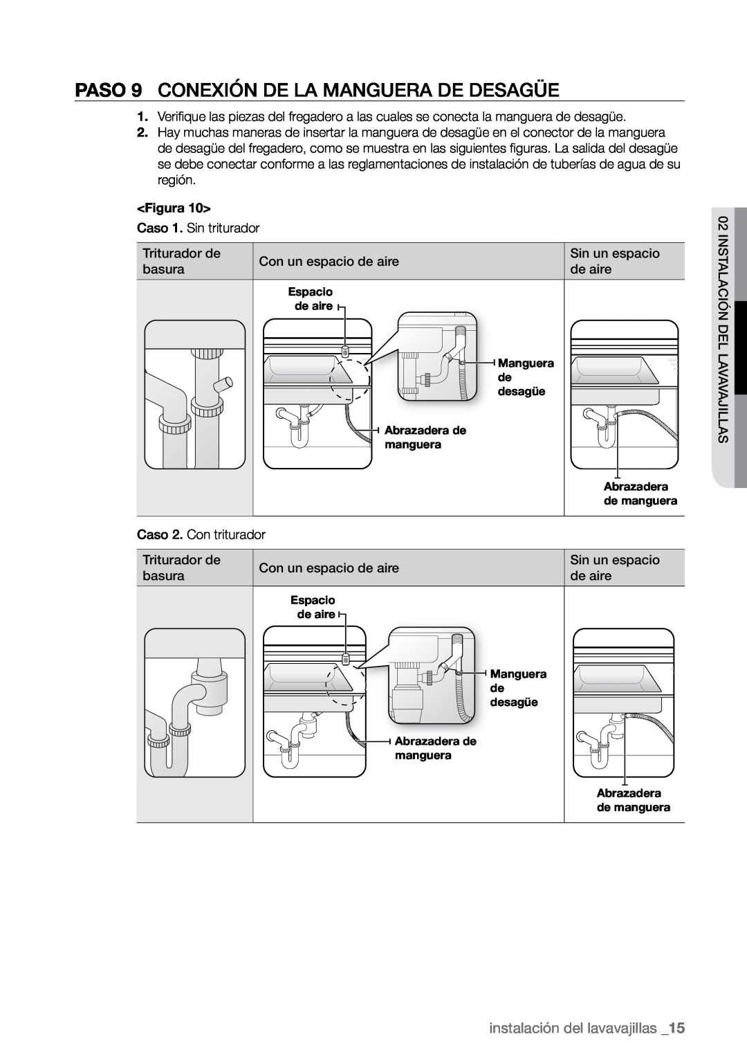Samsung DMR78, DMR57, DMR77 manual PASO 9 Conexión de la manguera de desagüe, instalación del lavavajillas 
