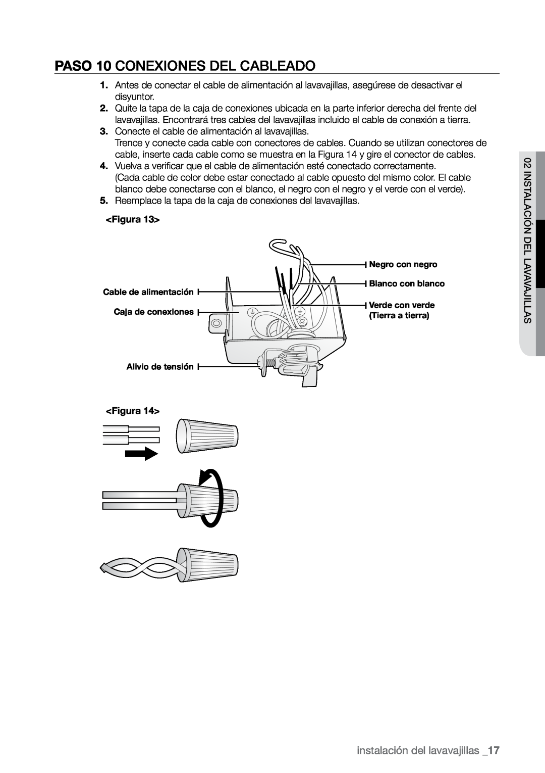 Samsung DMR77, DMR78, DMR57 manual PASO 10 Conexiones del cableado, instalación del lavavajillas 
