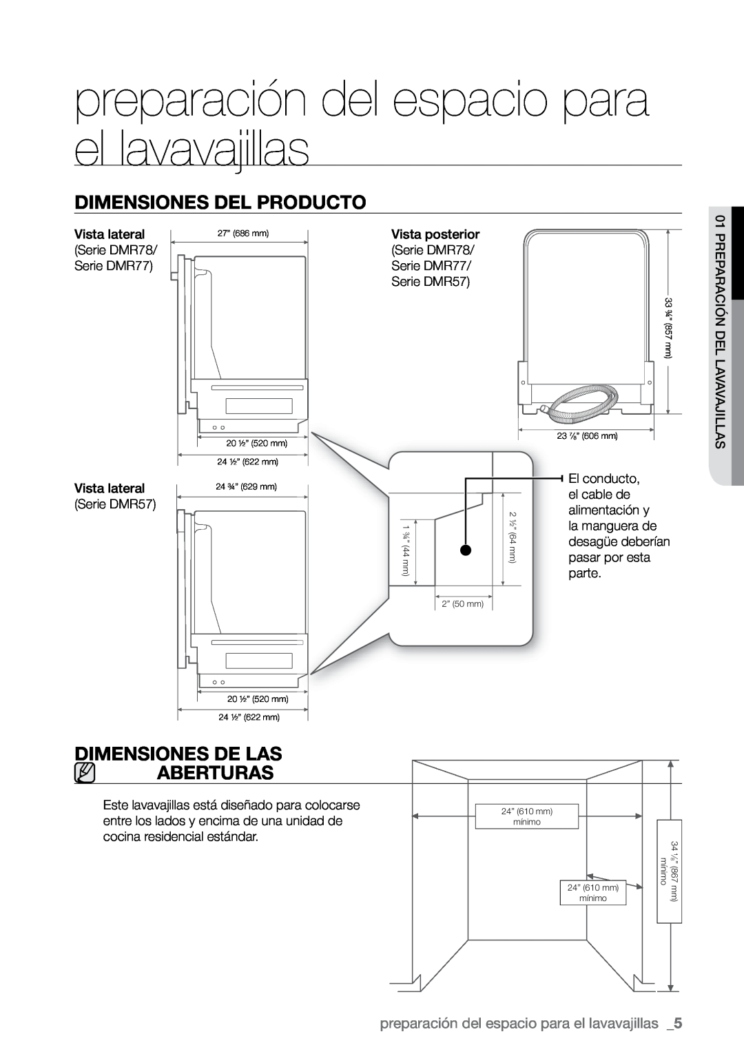 Samsung DMR77, DMR78 preparación del espacio para el lavavajillas, Dimensiones del producto, Dimensiones de las aberturas 