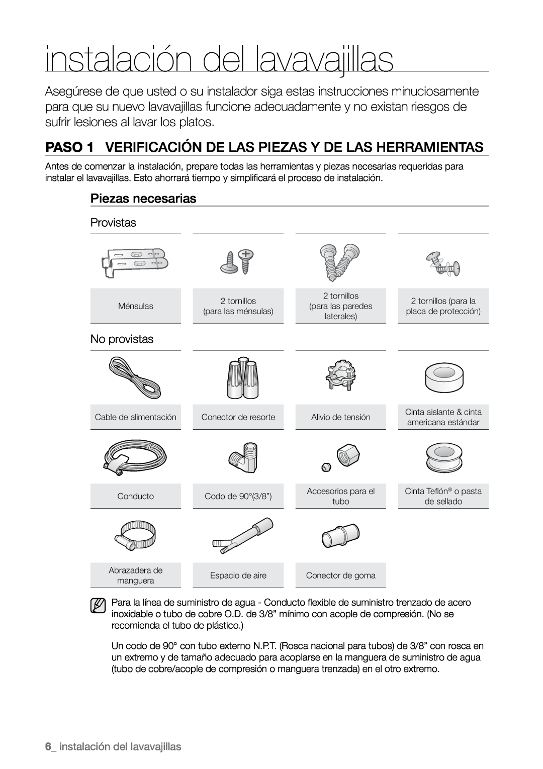 Samsung DMR78, DMR57, DMR77 manual Piezas necesarias, Provistas, No provistas,  instalación del lavavajillas 