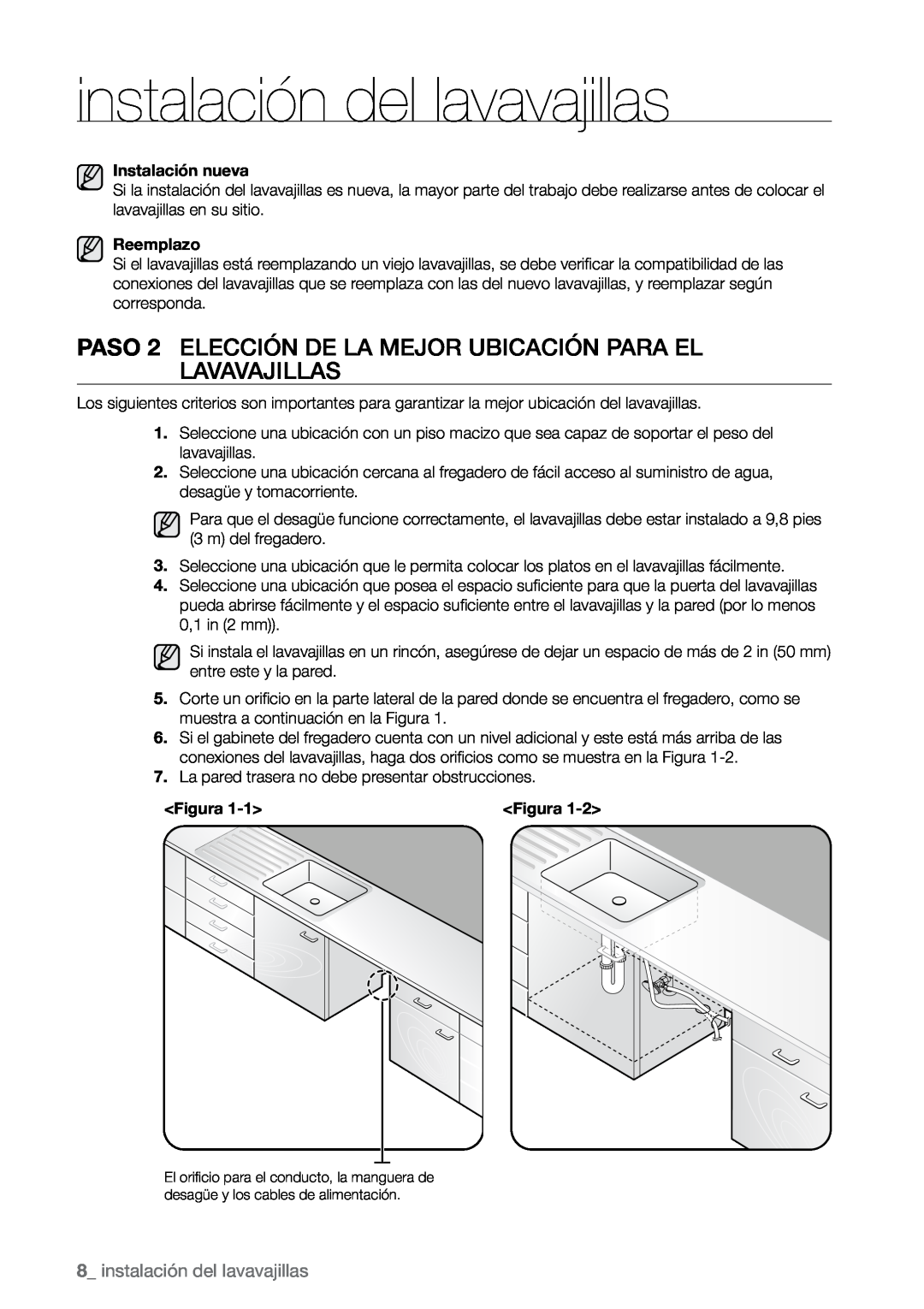Samsung DMR77, DMR78, DMR57 manual  instalación del lavavajillas, Instalación nueva, Reemplazo, Figura 