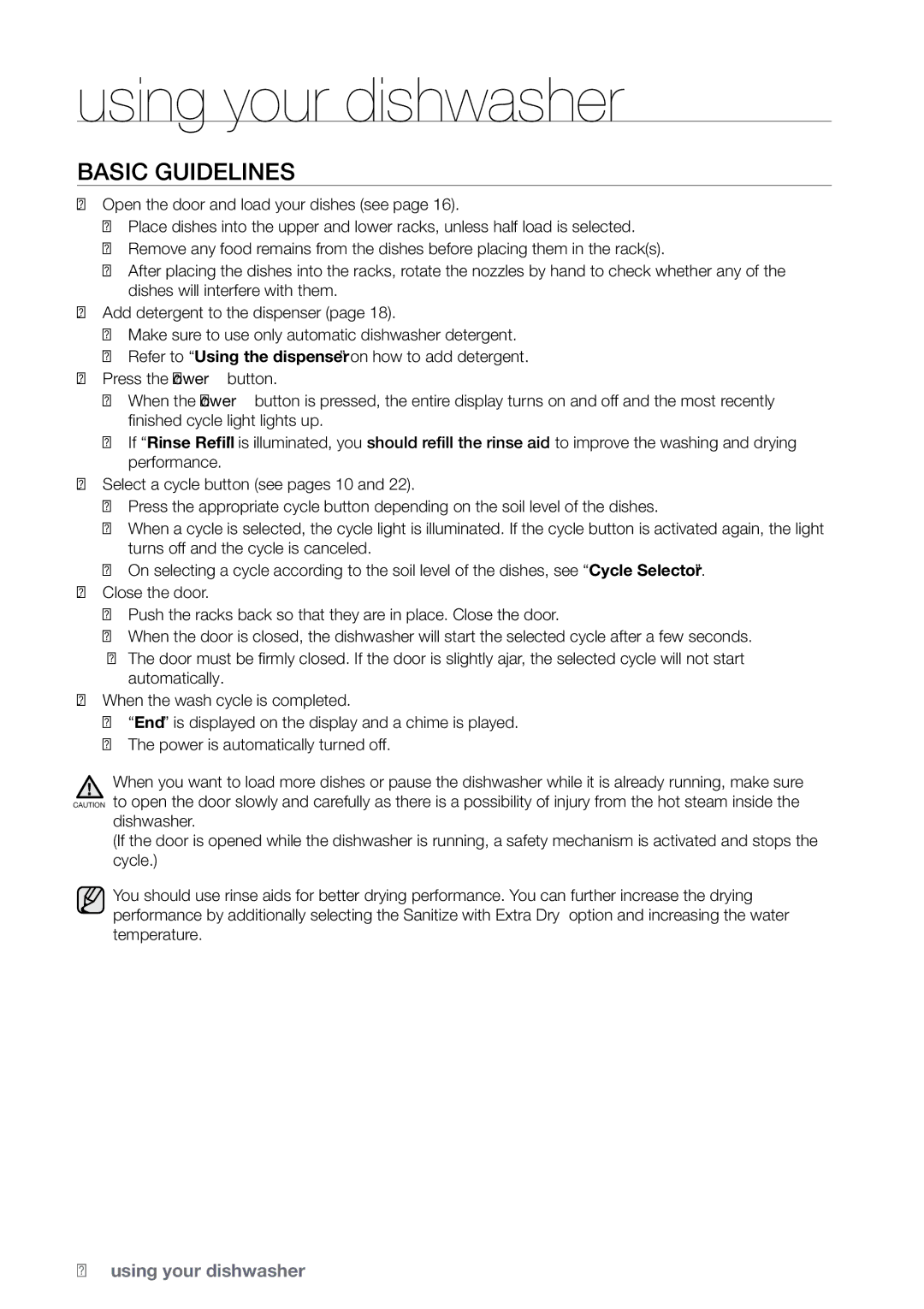 Samsung DMR78 manual Using your dishwasher, Basic guidelines 