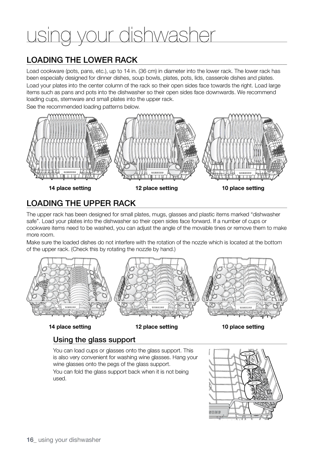 Samsung DMR78 manual Loading the lower rack, Loading the upper rack, Using the glass support, Place setting 