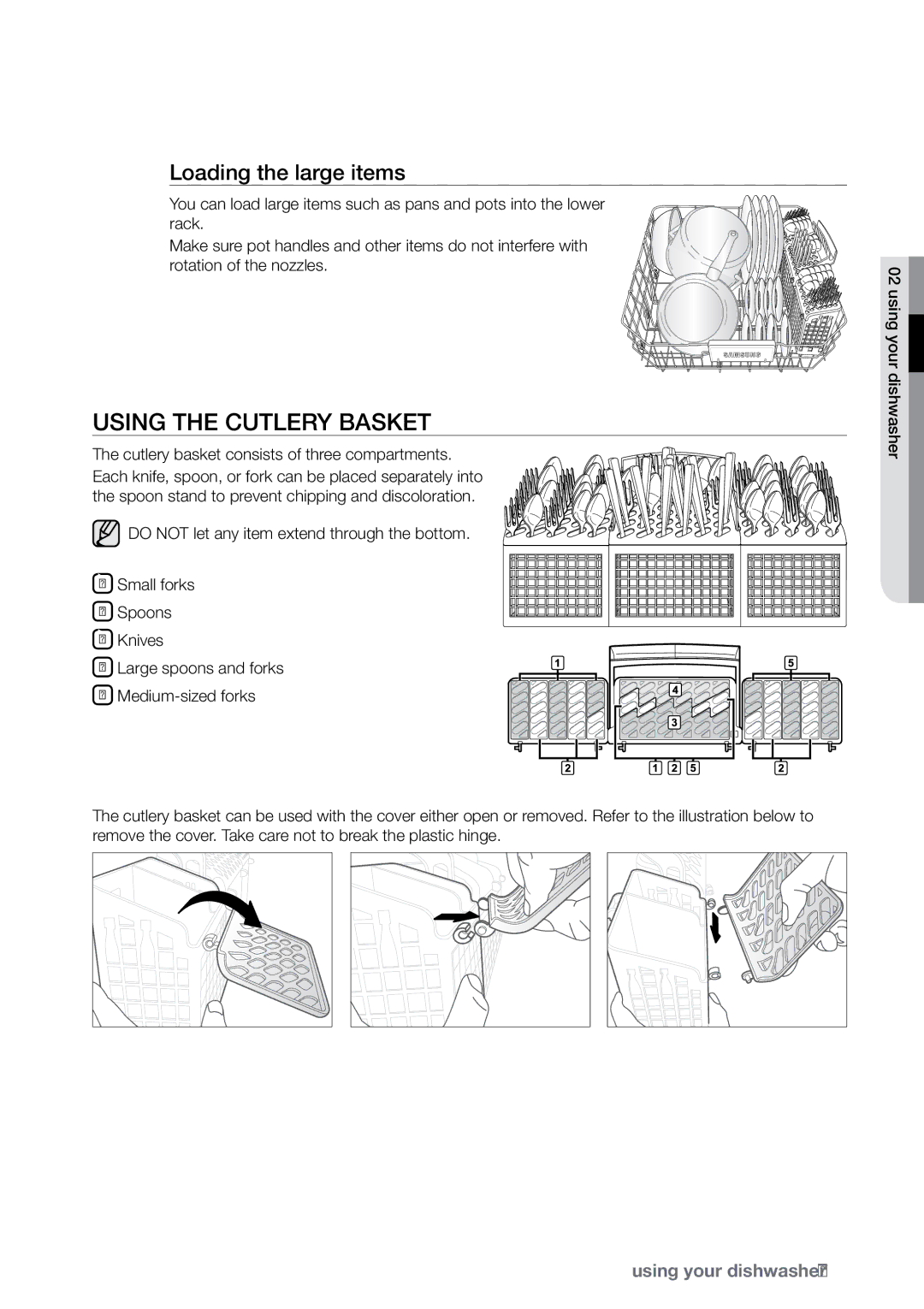 Samsung DMR78 manual Using the cutlery basket, Loading the large items 